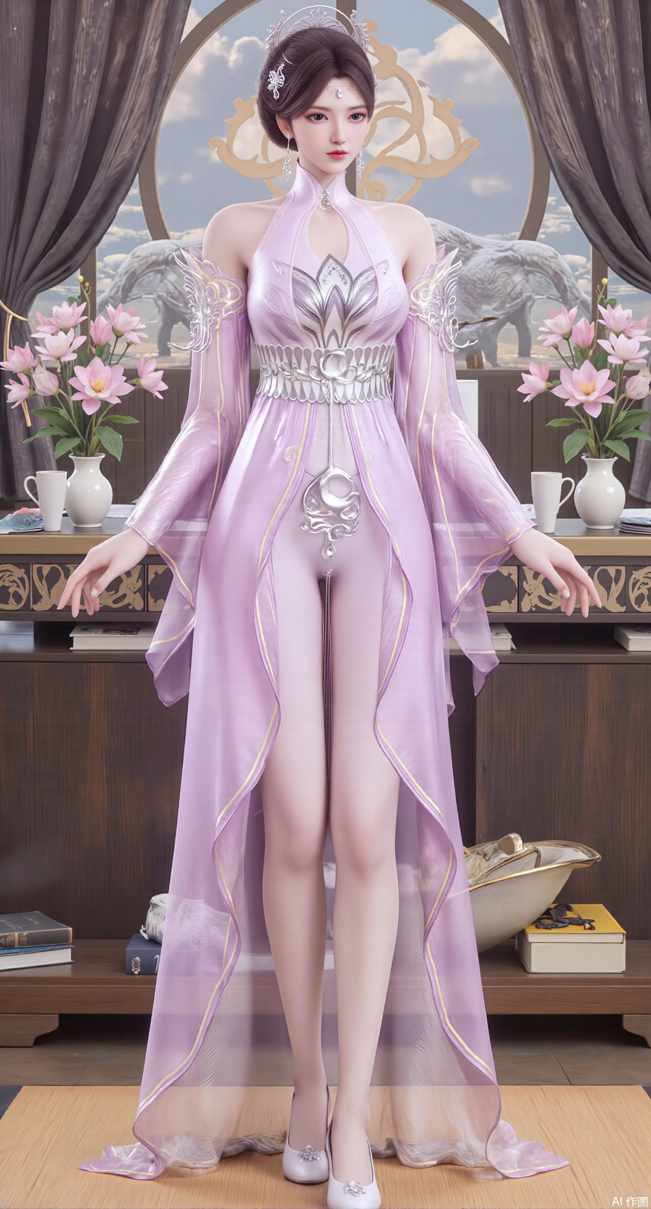 SFW,(masterpiece:1.2),best quality,Ultra clear, wallpaper, 8k, masterpiece, 1girl, solo, long hair, breasts, looking at viewer, bangs, large breasts,long dress,, bare shoulders, jewelry, black hair, standing, purple eyes, full body, flower, thighs, indoors, hair bun, long dress, high heels, cup, see-through, book, bare legs, window, table, white footwear, standing on one leg, curtains, pink flower, side slit, vase, ,(huge breasts:2.99),(full breasts:2.99),(pink lotus flowers:1.39),,Xanmiaoyi,Xyunwangshu,XlishaoyinY,Xbaixue,XanmiaoyiY,Xxiuqiuhua,XbaiyuerongY,XyunyunX,XqingnvzongZM,Xjuzi,Xshangguanweier,XanmiaoyiXY,XyunyunXY,Xjiangziyue,Xmeining,Xweinina