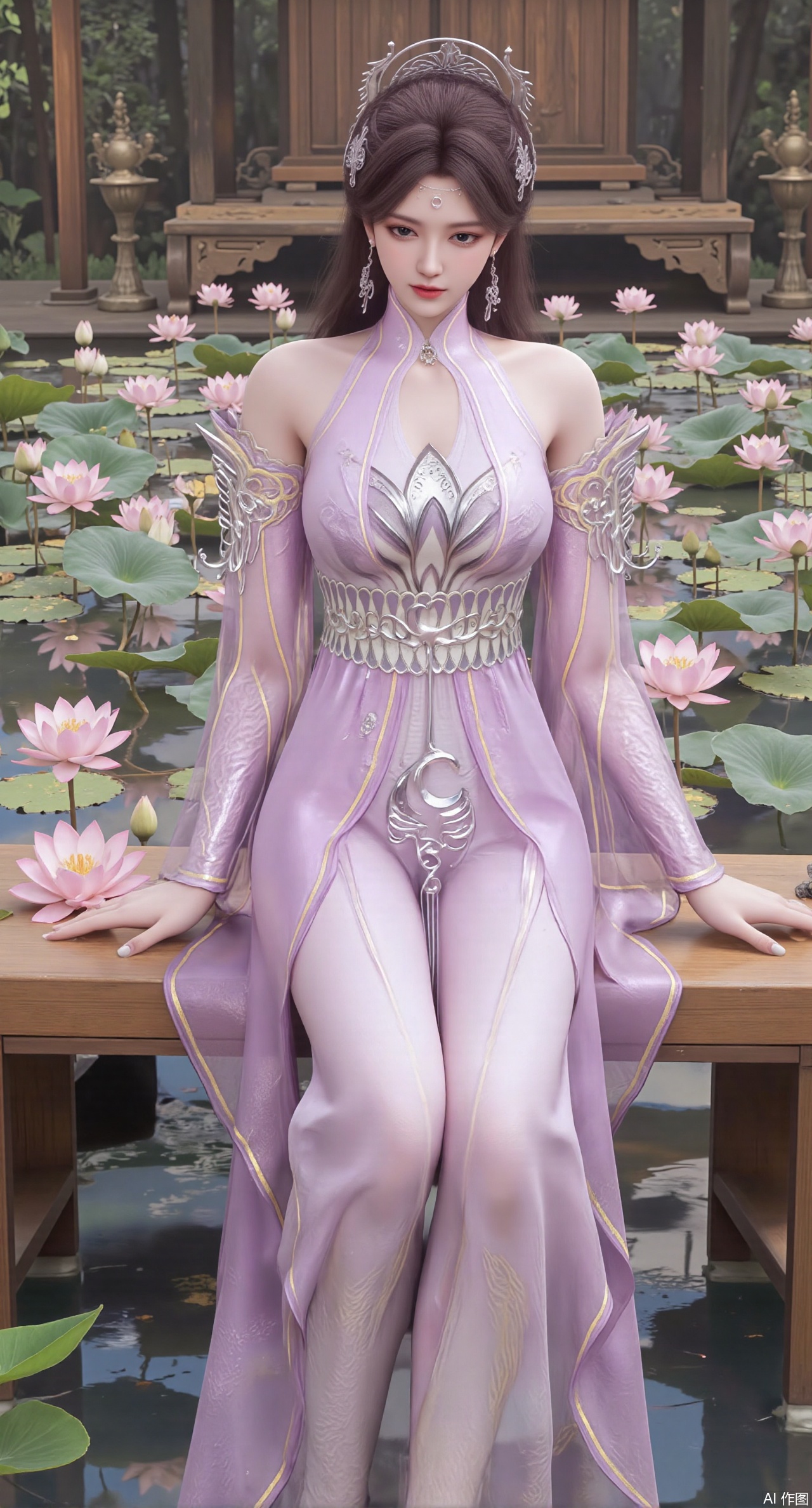 SFW,(masterpiece:1.2),best quality,The image is a digital illustration of a young woman sitting on a wooden bench in a pond with lily pads. She is wearing a long dress with design on the chest and sleeves. The dress has a high neckline and short sleeves,Holding a lotus in hand. She has long dark hair styled in loose waves and is wearing gold high heels. The woman is posing with one hand on her hip and the other resting on the edge of the bench. The background is filled with pink and white lotus flowers and green leaves. The overall mood of the image is peaceful and serene,(huge breasts:2.99),(full breasts:2.99),(Background with traditional Chinese architecture, lotus pond and pink lotus flowers:1.39),,Xanmiaoyi,Xyunwangshu,XlishaoyinY,Xbaixue,XanmiaoyiY,Xxiuqiuhua,XbaiyuerongY,XyunyunX,XqingnvzongZM,Xjuzi,Xshangguanweier,XanmiaoyiXY,XyunyunXY,Xjiangziyue,Xmeining,Xweinina