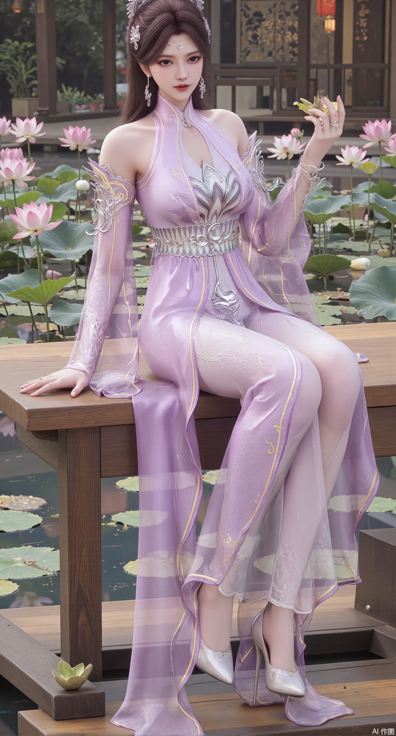 SFW,(masterpiece:1.2),best quality,The image is a digital illustration of a young woman sitting on a wooden bench in a pond with lily pads. She is wearing a long dress with design on the chest and sleeves. The dress has a high neckline and short sleeves,Holding a lotus in hand. She has long dark hair styled in loose waves and is wearing gold high heels. The woman is posing with one hand on her hip and the other resting on the edge of the bench. The background is filled with pink and white lotus flowers and green leaves. The overall mood of the image is peaceful and serene,(huge breasts:2.99),(full breasts:2.99),(Background with traditional Chinese architecture, lotus pond and pink lotus flowers:1.39),,Xanmiaoyi,Xyunwangshu,XlishaoyinY,Xbaixue,XanmiaoyiY,Xxiuqiuhua,XbaiyuerongY,XyunyunX,XqingnvzongZM,Xjuzi,Xshangguanweier,XanmiaoyiXY,XyunyunXY,Xjiangziyue,Xmeining,Xweinina