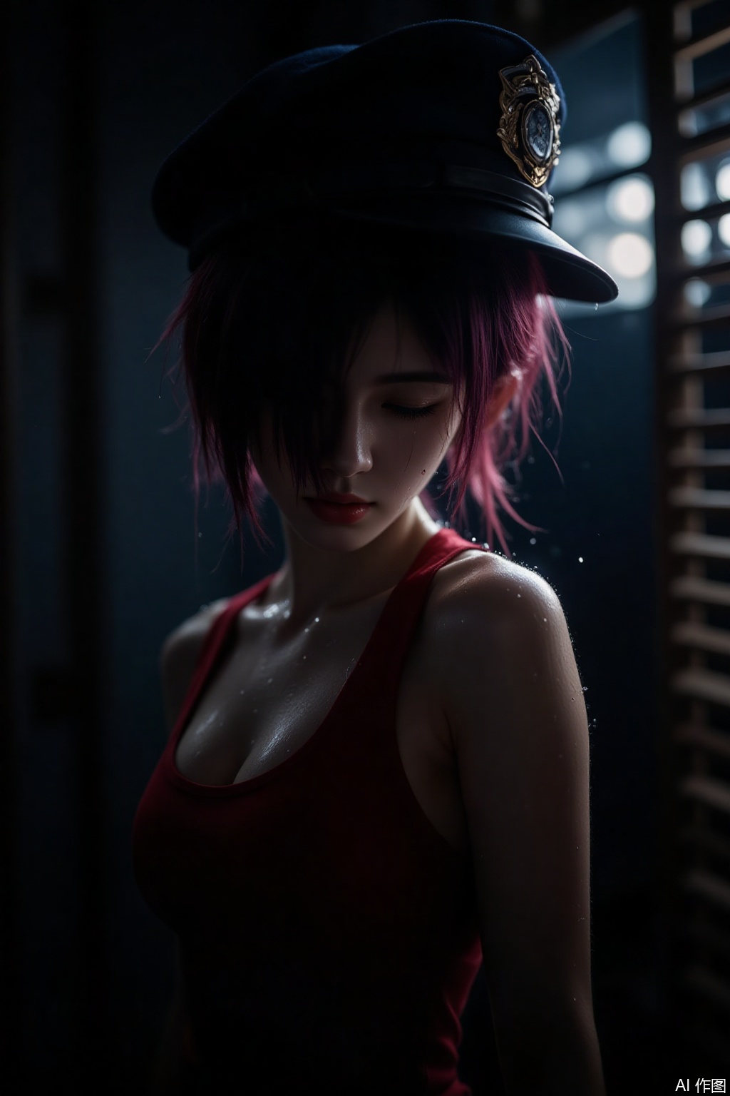 Cold and dark night, gloomy and horrible atmosphere, late at night, flowing soft short hair, red and blue gradient hair, faint light,police, police hat, red yoga vest, wet hair on the face, wet temptation, standing next to the blind, a trace of sunlight shines through the blind, wet temptation, (backlight: 1.3), (dumblight: 1.4), silhouette effect