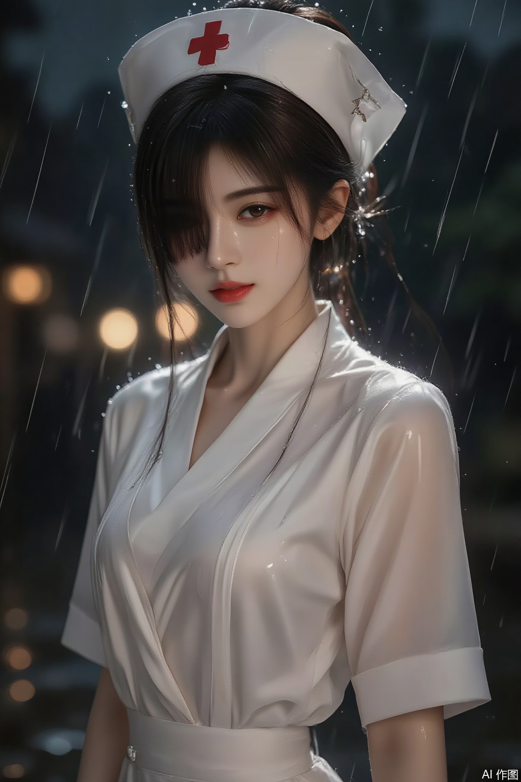 1 Beautiful nurse, hair over one eye,nurse hat, rain, rain, face full of water, red lips, Asian, half body,
