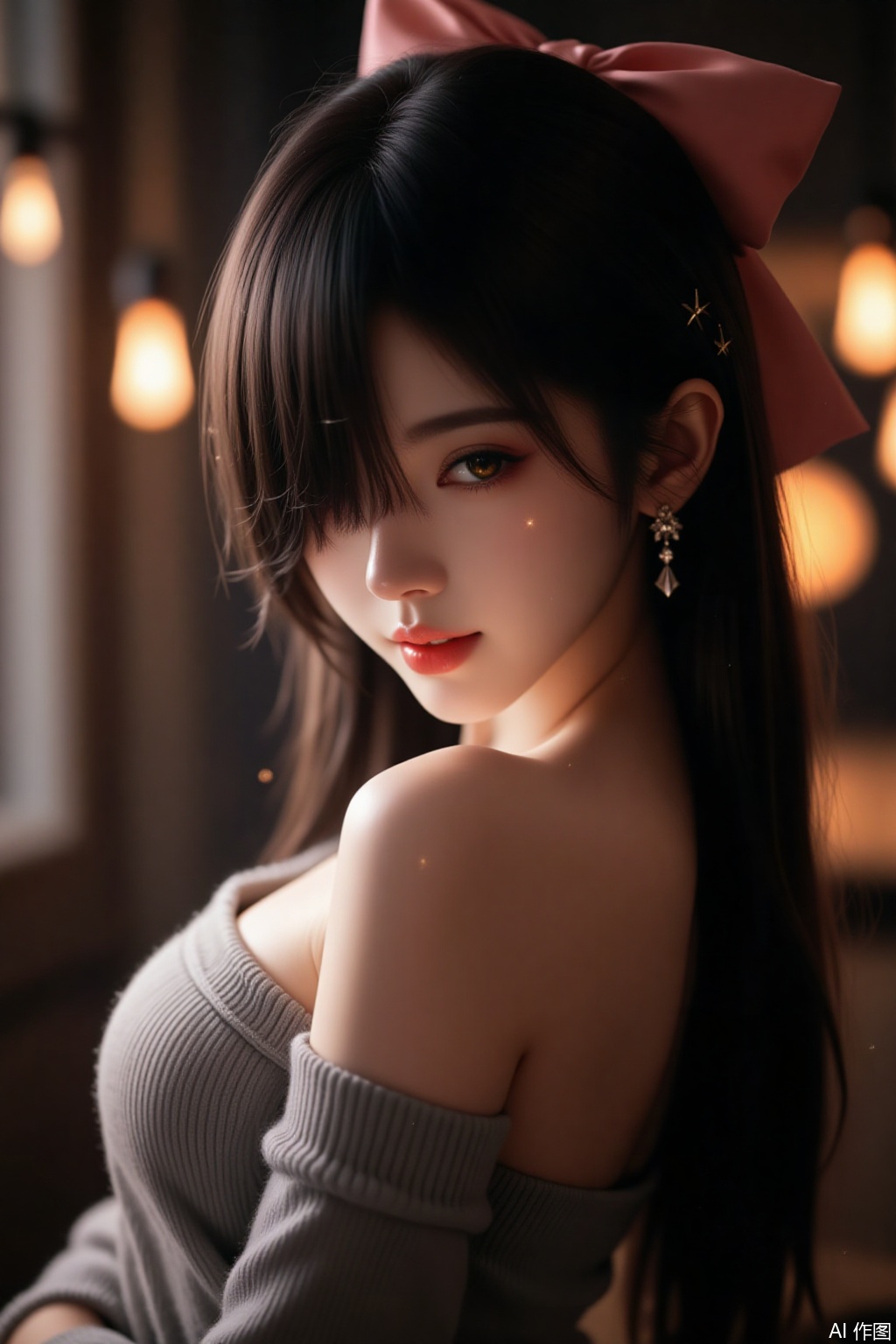 1girl, bare shoulders, black hair, blurry, blurry background, bokeh, bow, breasts, cleavage, collarbone, cowboy shot, depth of field, dress, earrings, hair bow, hair over one eye, jewelry, large breasts, lips, long hair, looking at viewer, mole, mole on breast, off-shoulder sweater, red lips, ribbed sweater, solo, sweater,from side