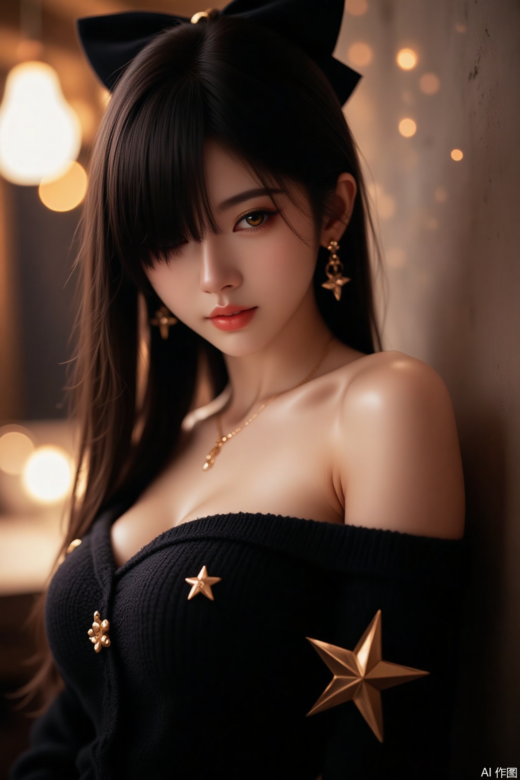 1girl, bare shoulders, black hair, blurry, blurry background, bokeh, bow, breasts, cleavage, collarbone, cowboy shot, depth of field, dress, earrings, hair bow, hair over one eye, jewelry, lips, long hair, looking at viewer, mole, mole on breast, off-shoulder sweater, red lips, ribbed sweater, solo, sweater,from side, Golden Five-pointed Star
