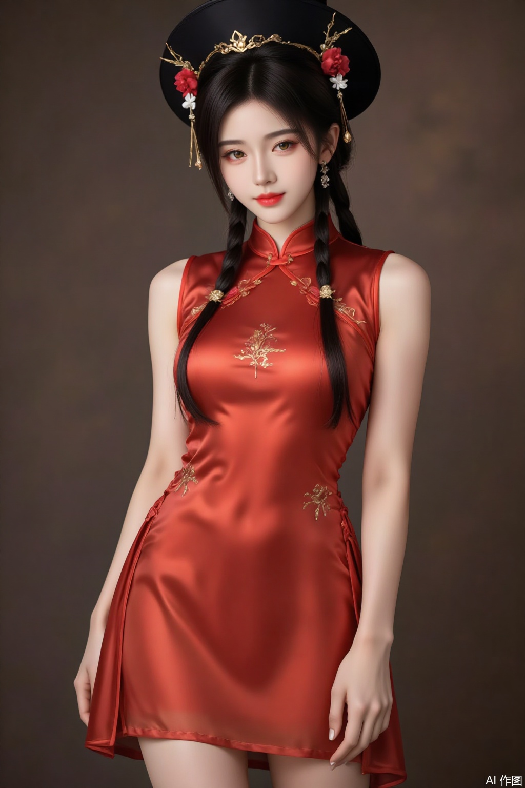 1girl, solo, black hair, hat, jewelry, braid, necklace, twin braids, realistic,China dress,bright red dress,embroidery,legs,