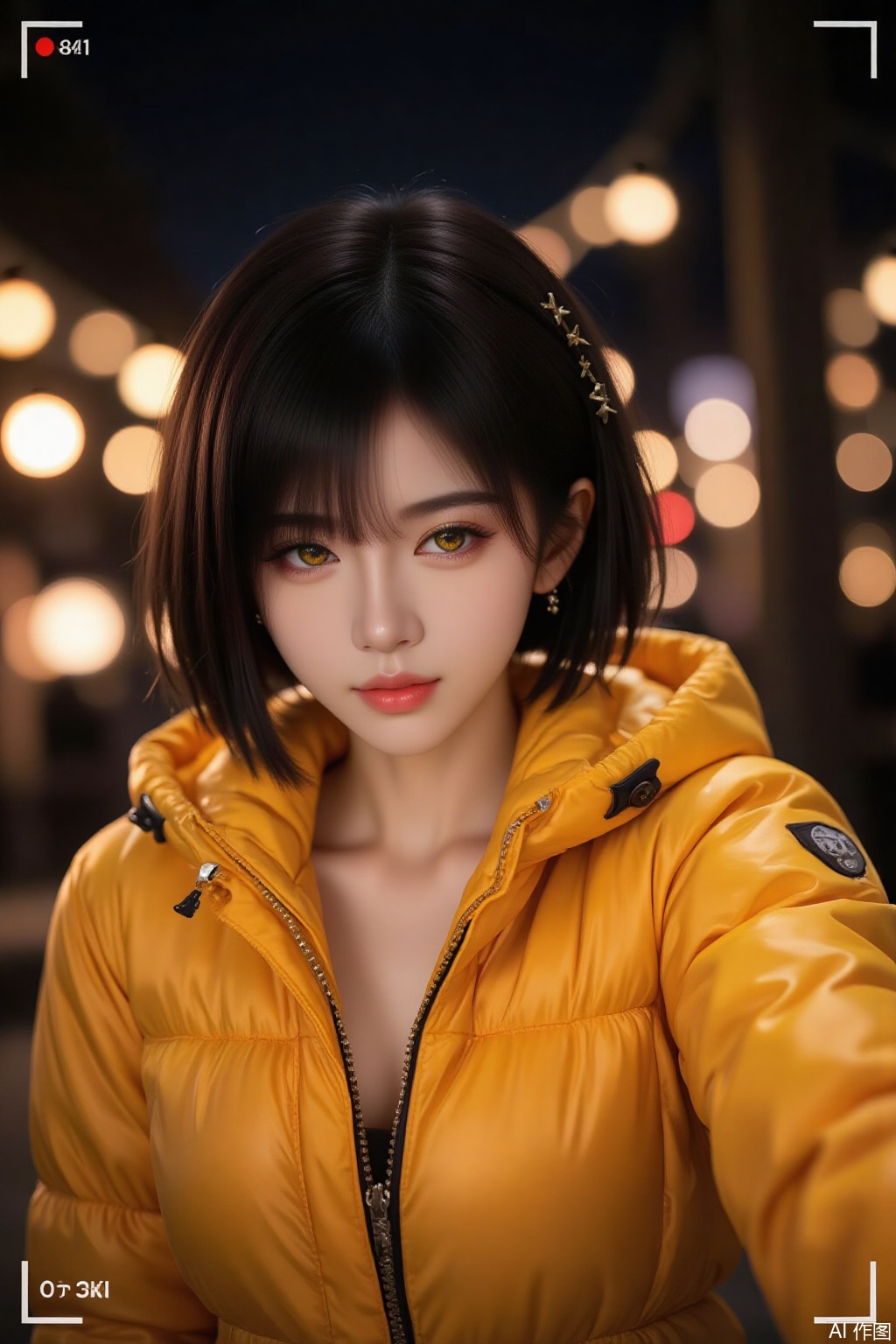1girl,solo,yellow jacket, realistic, blurry,gold eyes, viewfinder, paper lantern, headphones, bokeh, zipper, upper body, lips, blurry background, black hair, depth of field, looking at viewer, short hair, jacket,Open jacket,frame, selfie,breasts
