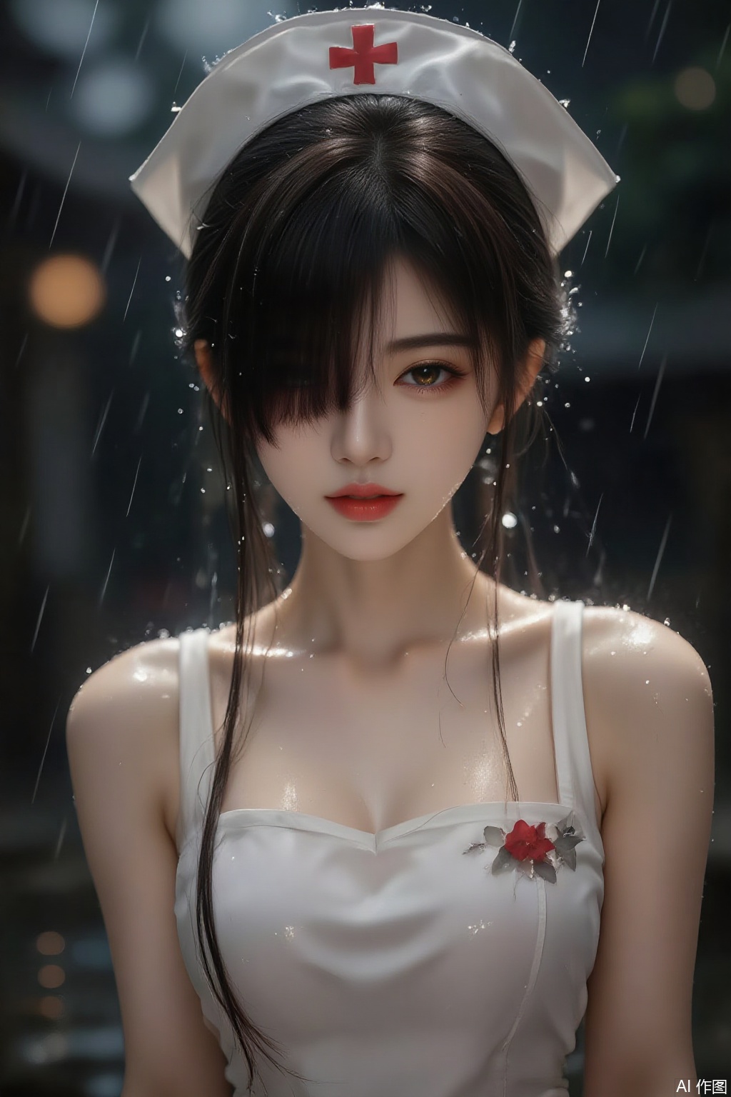 1 Beautiful nurse, hair over one eye,nurse hat, rain, rain, face full of water, red lips, Asian, half body,