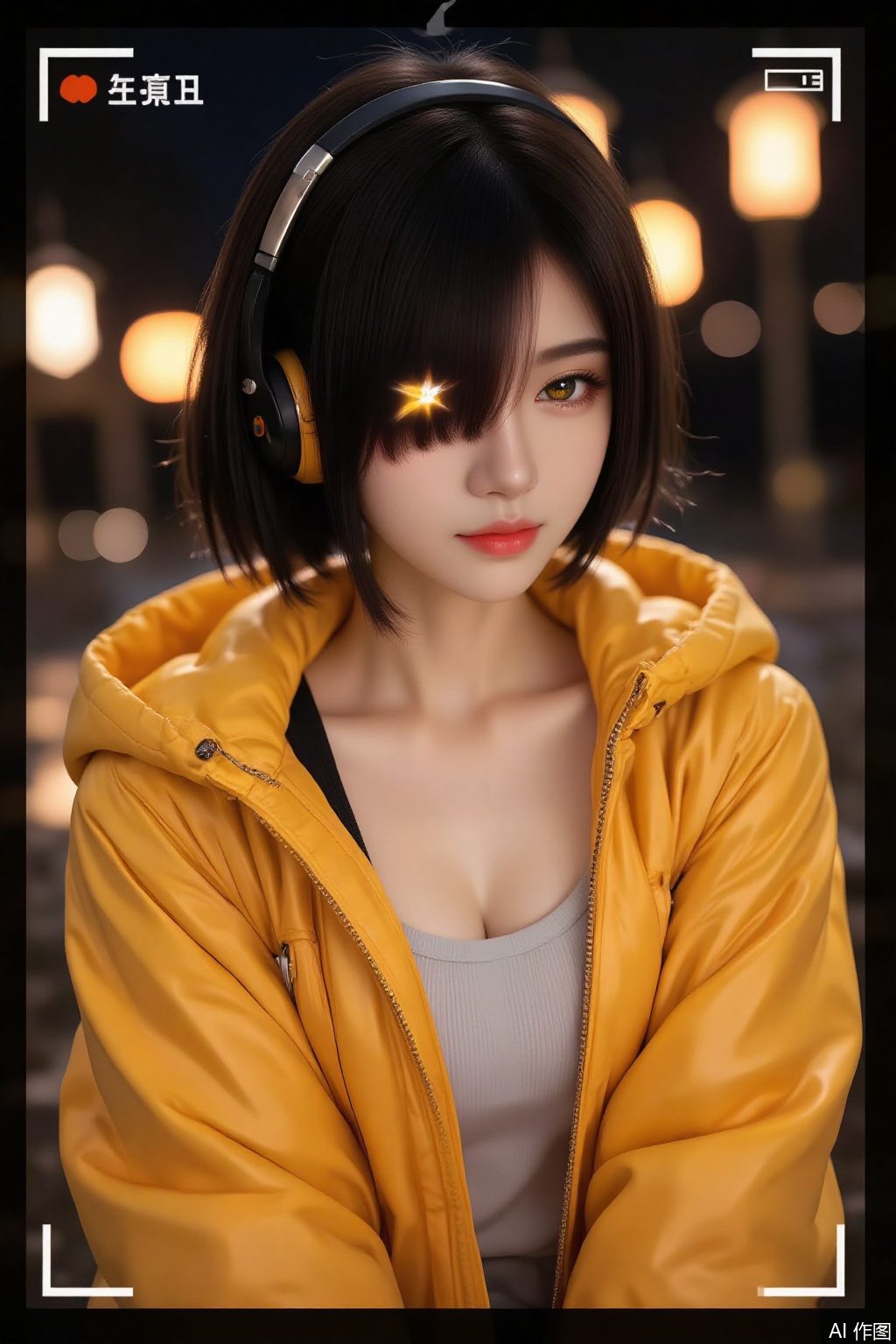 1girl,solo,yellow jacket, realistic, blurry,gold eyes, hair over one eye,viewfinder, paper lantern, headphones, bokeh, zipper, upper body, lips, blurry background, black hair, depth of field, looking at viewer, short hair, jacket,Open jacket,frame, selfie,breasts