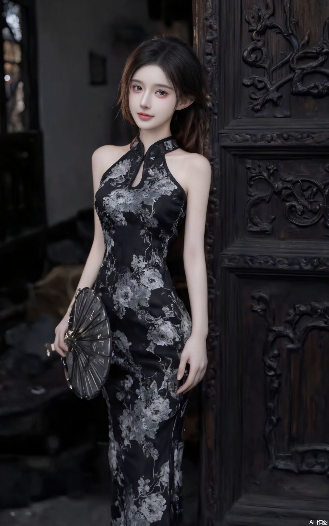 MEI,TIn this photograph, a young Asian woman with a slender physique and fair skin stands in front of a dark, ornately carved door, possibly in an old, dimly lit building. She has long, straight, dark brown hair, partially tied back, and wears a traditional, sleeveless, high-neck Chinese cheongsam dress adorned with intricate silver floral patterns on a black background. The dress highlights her small bust and narrow waist. She holds a large, silver, fan with intricate designs in her right hand, and her left hand rests by her side. Her expression is neutral, with a slight, closed-mouth smile. The lighting is soft and natural, casting gentle shadows that enhance the textures of her dress and the surrounding architecture. The camera angle is at eye level, providing a clear, direct view of her and the door behind her.