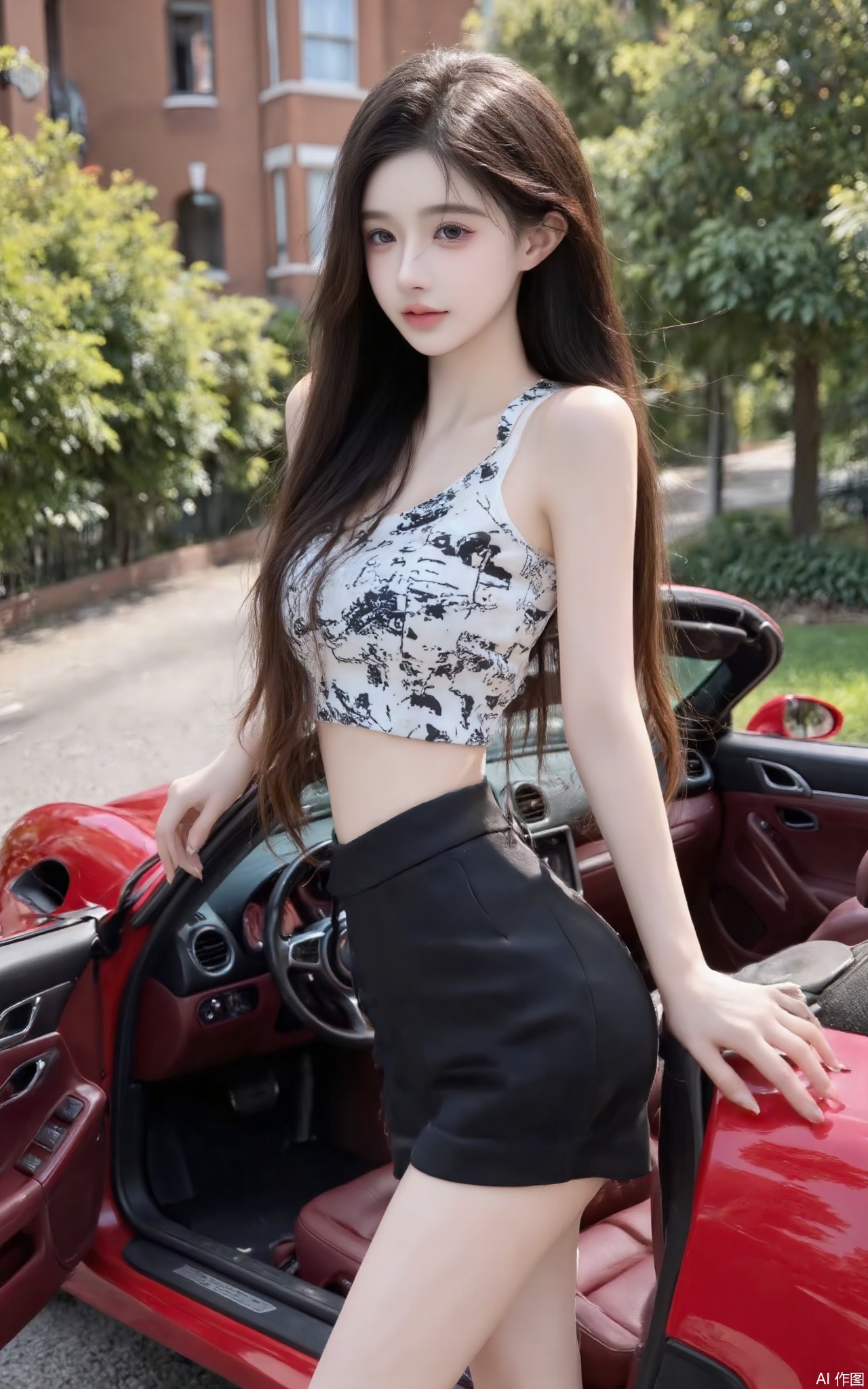 MEI,The photograph showcases a slender, young Asian woman with long, straight, dark brown hair. She is standing beside a red convertible car, with her right hand resting on the car's door and her left hand on her hip. She wears a fitted, white crop top with a black graphic print and high-waisted black shorts that accentuate her slim figure. Her skin is fair and smooth, and she has a delicate, youthful face with minimal makeup. The background features lush greenery and a blurred brick building, suggesting a suburban or park setting. The image is well-lit with natural daylight, and the camera angle is slightly low, emphasizing her height and the car. The overall composition is casual and relaxed, with a summery, youthful vibe.