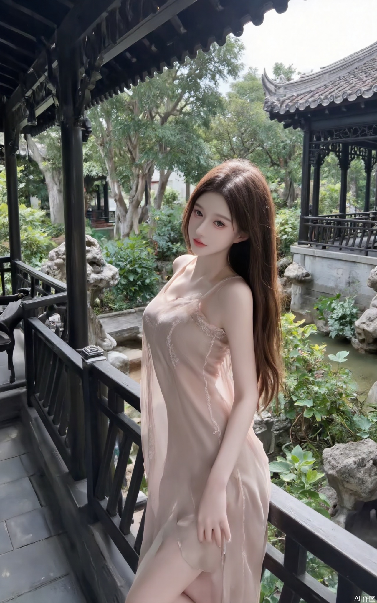 MEI,This photograph captures a young Asian woman standing on a shaded stone balcony in a traditional Chinese garden. She has long, straight, reddish-brown hair cascading over her shoulders and is wearing a sheer, light pink nightgown that clings to her slender frame, revealing the outline of her body beneath. The nightgown has a delicate, almost ethereal quality, with a soft, flowing texture. She leans casually against the balcony railing with her left arm, her right arm resting on her hip, and her head tilted slightly to the side, exuding a relaxed, serene demeanor.

The background features lush greenery with tall trees and dense foliage, creating a tranquil, natural setting. In the distance, traditional Chinese architecture with intricate carvings and dark wooden elements can be seen, enhancing the cultural ambiance of the scene. The lighting is soft and diffused, likely due to the overcast sky or shaded area, casting gentle shadows and highlighting the textures of her nightgown and the surrounding environment.

The camera angle is at eye level, capturing the subject in a natural, unposed moment, which adds to the authenticity of the image. The overall mood is peaceful and introspective, with a touch of understated sensuality.