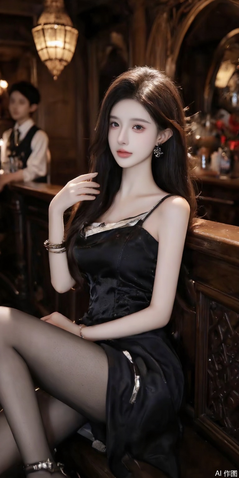 8K, 120 frames per second, ultra clear. A girl is sitting in a bar. Her legs are straight and thin. She was wearing a one shoulder dress, a long skirt, black pantyhose, and high heels. Necklace, watch, earrings, jade bracelet, ankle chain, her skin is fair and delicate, with a white luster. Her waist circumference is very thin (chest circumference: 1.4), (leg length: 1.9), and her long hair is brown, outlining her face. Beautiful hair, big wavy curls, rose colored lips. Pink nails, full body, facing the audience, low angle shooting. Background: A bar with exquisite decoration style, a waiter dressed in maid attire at the bar counter, a real photo, a drop of water, a girl, of the best quality, a masterpiece