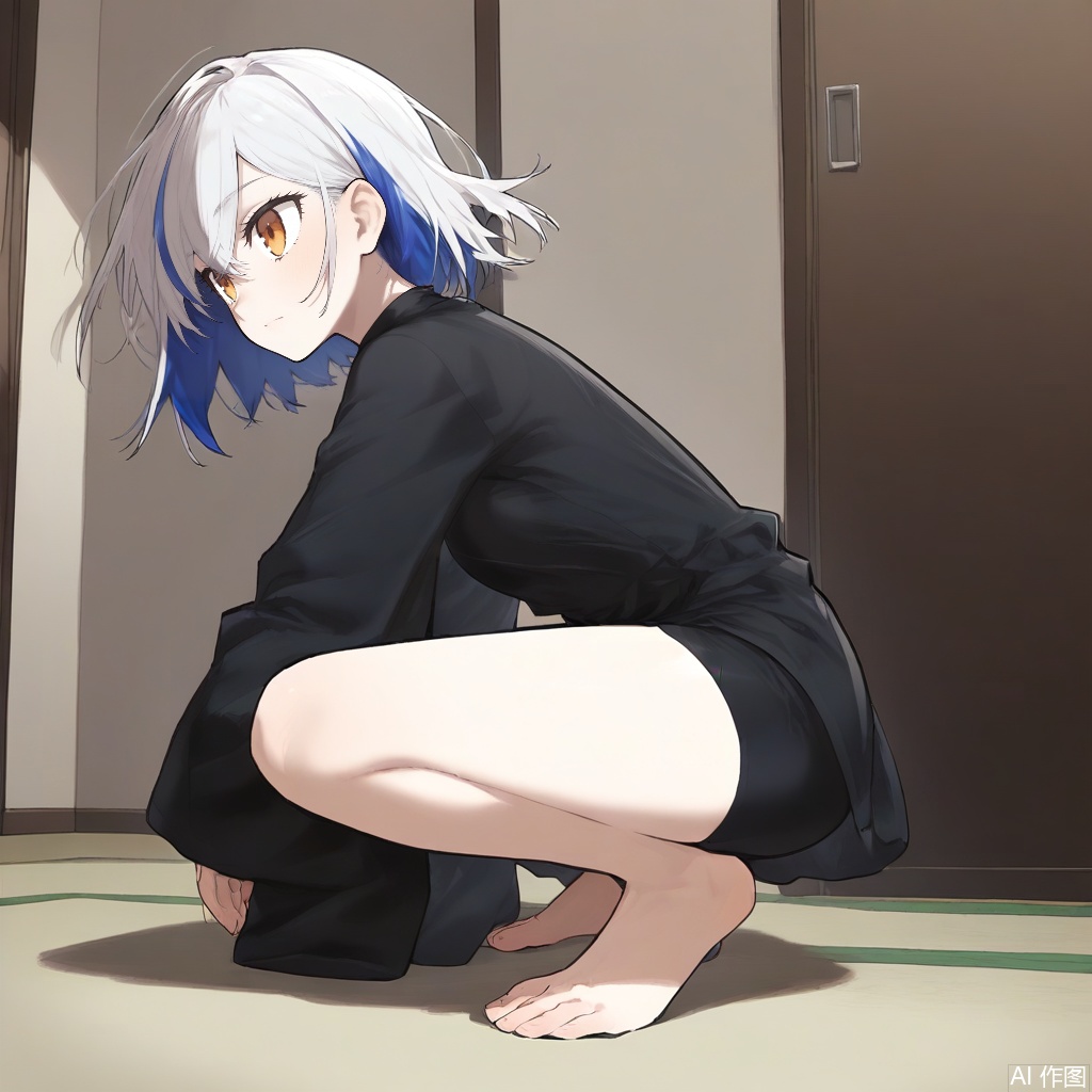 1girl,(solo),single view,detailed background,beautiful scene, background is in the room,squat,upper view,short hair,silver hair,multicolored hair,blue hair,streaked hair,black shirt,bare foot,nice foot,shinobi-style clothes,shorts,full body,orange eyes,hair behind one ear,cowboy shot,slender,young,small breasts,short hair,hair down,masterpiece,best quality,amazing quality,masterpiece,best quality,amazing quality,pixiv masterpiece, intricate details, source_anime,score_9, score_8_up, score_7_up, score_6_up, score_5_up, score_4_up,bailan,FSW,kieed