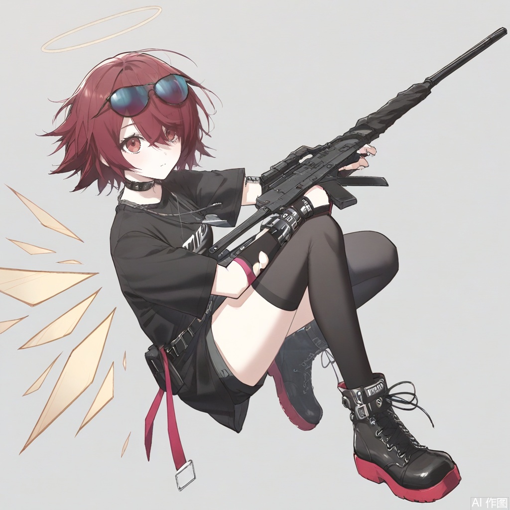 1girl, solo, looking at viewer, short hair, simple background, shirt, thighhighs, gloves, hair between eyes, brown eyes, full body, weapon, red hair, boots, wings, shoes, shorts, black thighhighs, white gloves, fingerless gloves, , black footwear, gun, black shirt, halo, sunglasses, eyewear on head, detached wings, energy wings, exusiai \(arknights\),masterpiece,best quality,amazing quality,masterpiece,best quality,amazing quality,pixiv masterpiece, intricate details, source_anime,score_9, score_8_up, score_7_up, score_6_up, score_5_up, score_4_up,FSW,kieed