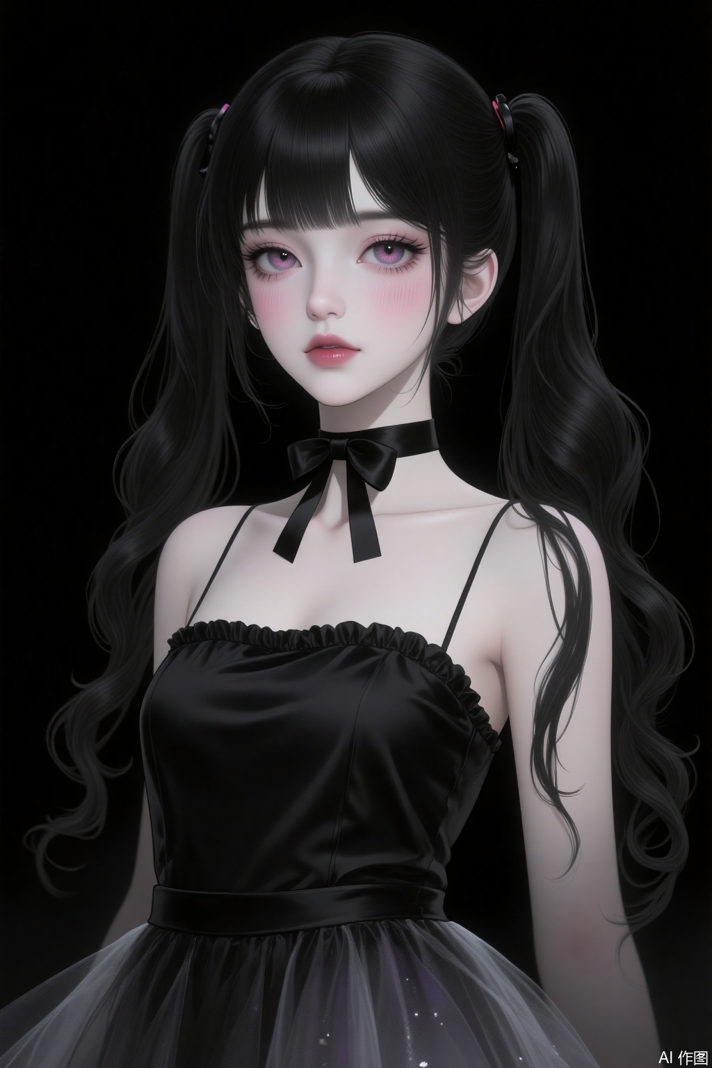- Physical features of the character: A young woman with long black pigtails, naturally curled hair ends, straight - across bangs, two - toned contact lenses, exquisite eye makeup with pink eyeshadow and long eyelashes, slightly blushed cheeks, and delicate pink lips.
- Clothing style: A black spaghetti - strap dress. The upper part is made of satin, with a form - fitting design to highlight the figure. The skirt is made of tulle, light and fluffy. A black ribbon bow choker is worn around the neck.
- Art style: Anime style, high - definition, realistic rendering, delicate light and shadow effects. The black background emphasizes the main character, creating an elegant and mysterious atmosphere.