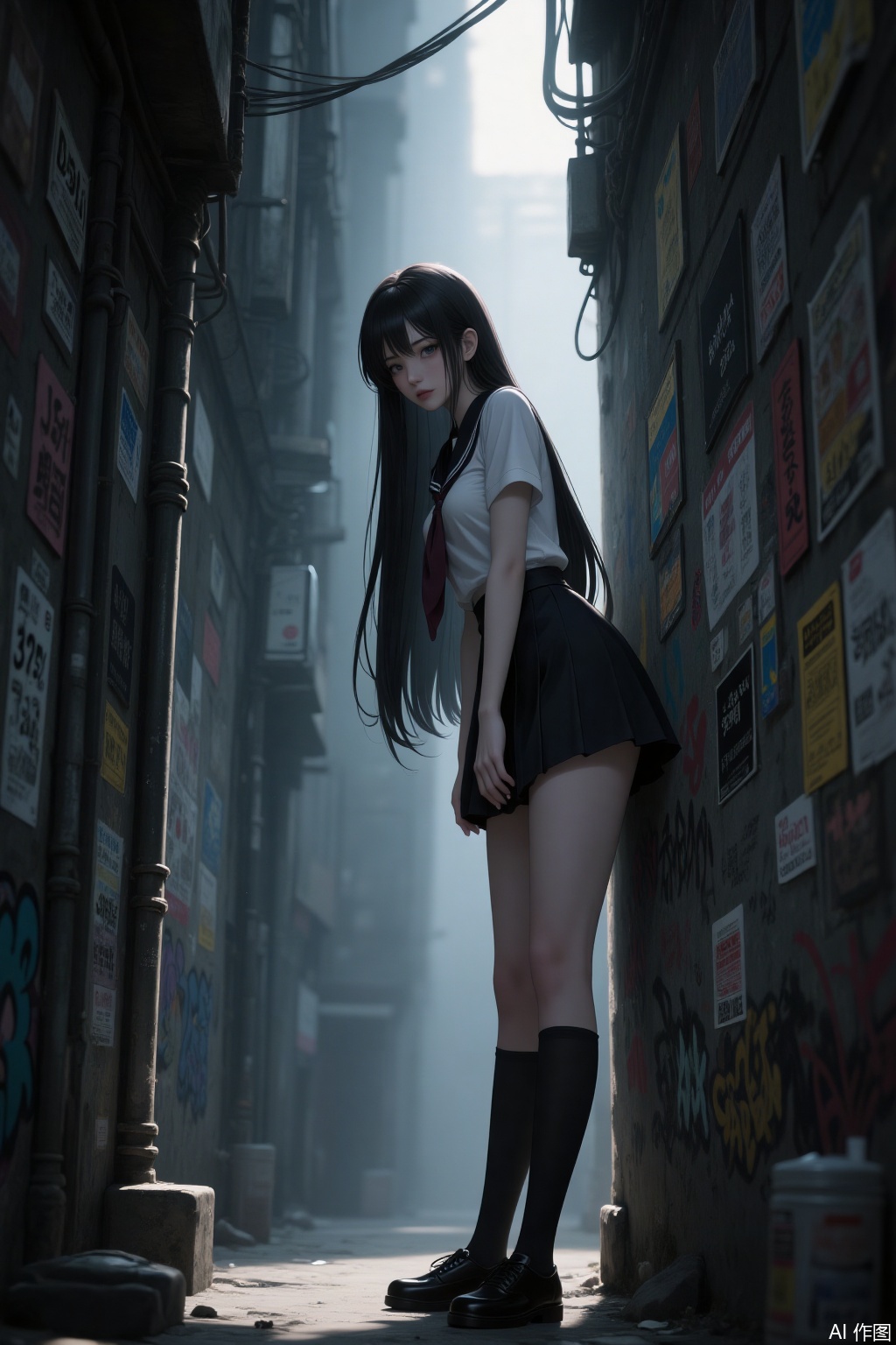 Full body. A beautiful woman with long dark hair in the style of Tomie. She is wearing a JK uniform, knee-high stockings, and shoes. Her legs are slender and straight. It is a CG thick-painted illustration in the style of Chinese-style animation. She looks down at the camera with a slight curl of the corners of her lips. The background is a small alley filled with graffiti and covered with small advertisements. It is dim. The character leans against the wall and looks down at the camera in a domineering manner. She has an "elder sister" aura. There is a beam of light falling from above her head, and her hair strands are delicate and shiny.