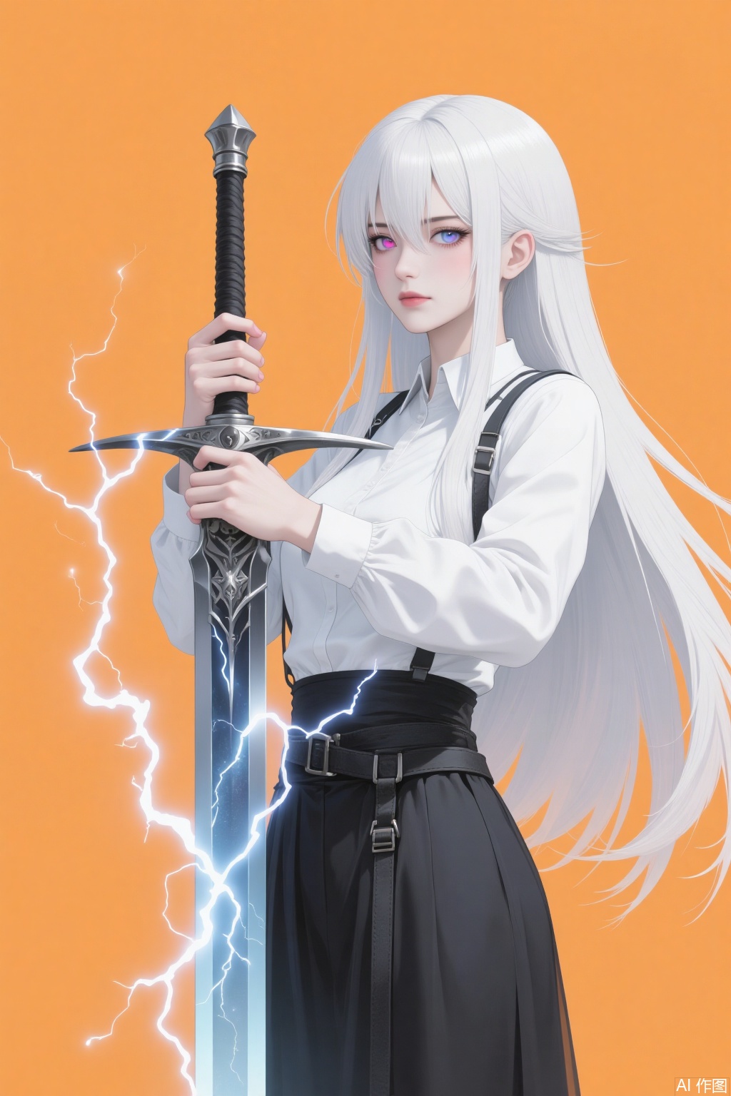 1 girl with long white hair. Two-color pupils. The sword in his hand, the glowing sword, with lightning attached to it. Fighting pose, pure orange background.