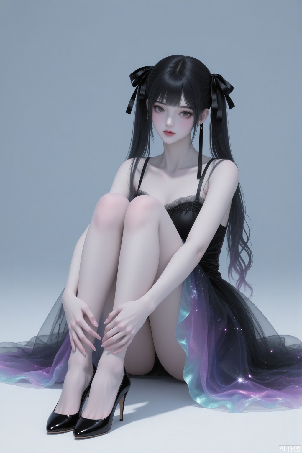 Full body. A tall woman with slender and straight legs that are clean. She has black hair and is wearing an exquisite gradient tulle dress with a high level of layering. She is sitting on the ground with her hands hugging her legs, and she is wearing high-heeled shoes. Her eyes are black, and there is a black ribbon in her hair that has a drooping effect. She has long hair with slightly curled double ponytails at the back. Against a solid-color background, she has tear troughs, and her fingers are delicately detailed. There is soft lighting, and the picture has a slight shimmer. It conveys a sense of consciousness, and the picture seems to be glowing. It is a CG illustration exuding a sense of mystery and coldness, with high quality, high standard, and a clear image.