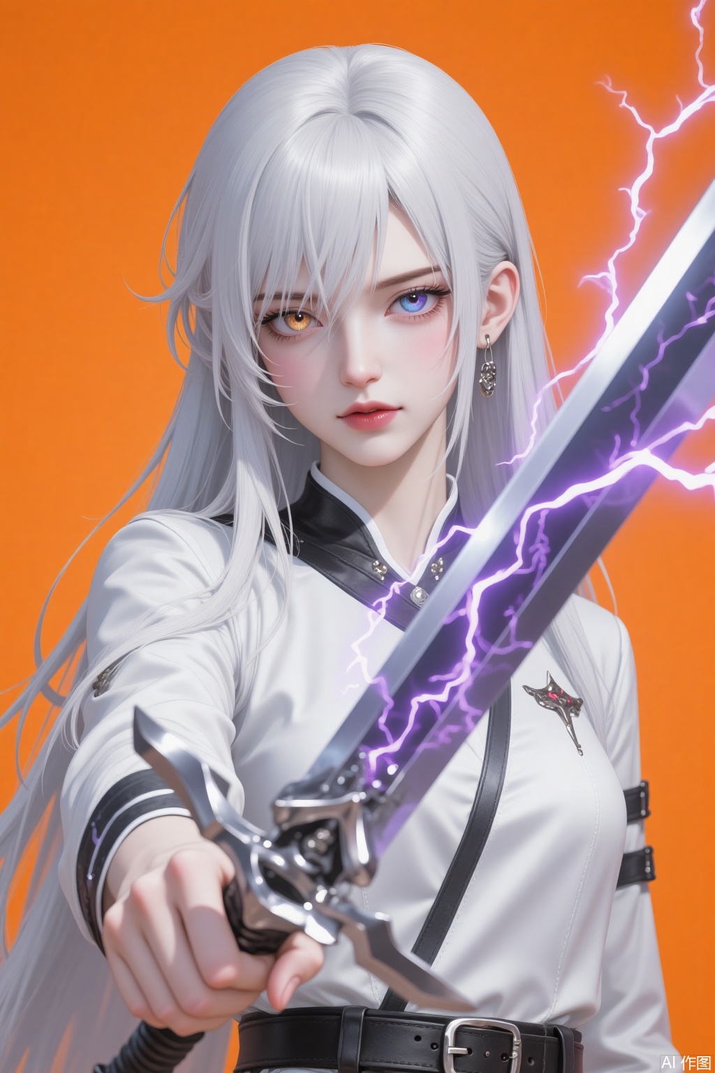 1 girl with long white hair. Two-color pupils. The sword in his hand, the glowing sword, with lightning attached to it. Fighting pose, pure orange background.