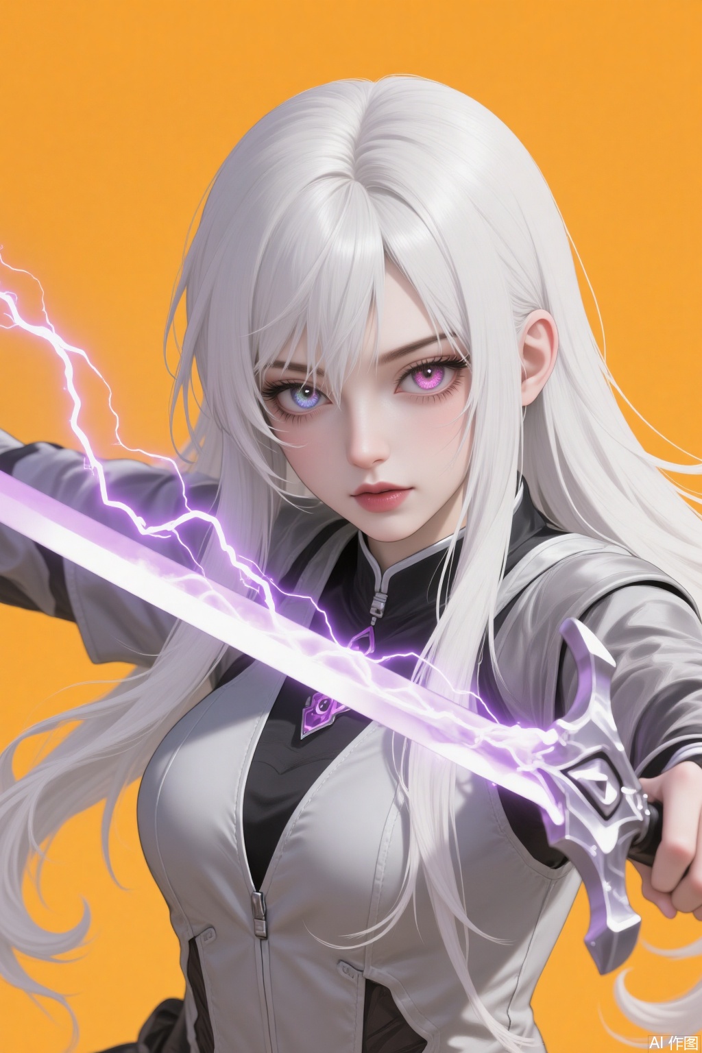 1 girl with long white hair. Two-color pupils. The sword in his hand, the glowing sword, with lightning attached to it. Fighting pose, pure orange background.