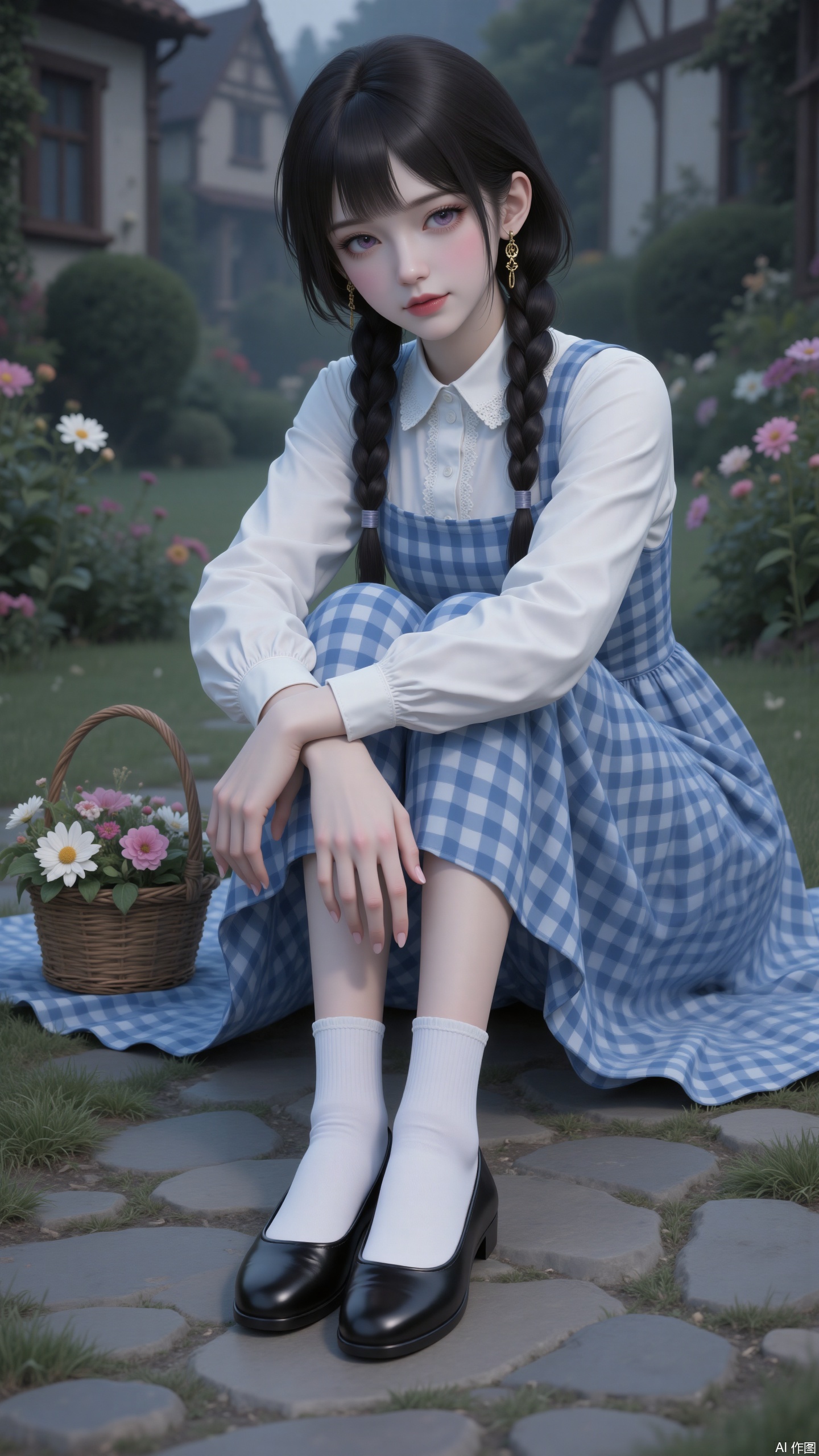 A beautiful woman. With a low-saturation color scheme, she exudes a sense of melancholy and decadence. It is a CG illustration in thick painting style, in the genre of Chinese-style animation. She has dark hair styled into two thick braids. She is wearing a French-style white shirt and a blue checkered long dress. There is a flower basket placed beside her. The background is a retro Western fantasy-style small town with a garden. It is a CG thick-painted illustration. There is a close-up of her face. She is sitting on the ground, hugging her legs with both hands. It is at dusk. Her hair strands are delicate and shiny. In the style of CG anime thick painting, it is lifelike, extremely clear, in HD quality, and has a 3D stereoscopic effect. She has exquisite eyes with colored contact lenses, a clean face, delicate skin, and dainty hands. Her bangs and stray hairs partially cover her eyes. She is 175 cm tall, with slender and straight legs. She is wearing white socks and loafers. She has heterochromatic pupils.