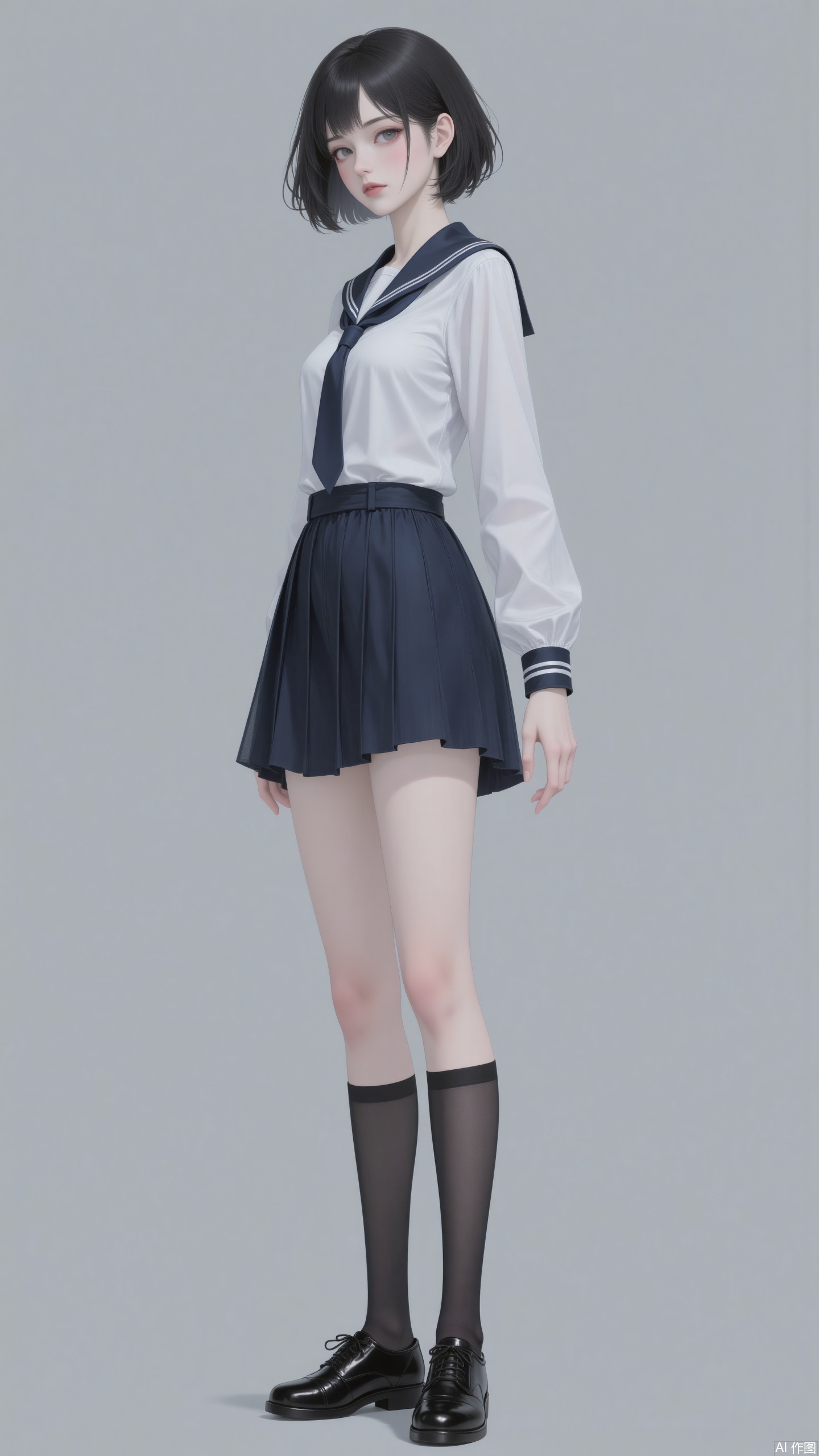 1girl, wearing a jk uniform, tall, slender and straight legs.Solid color background image,houtu