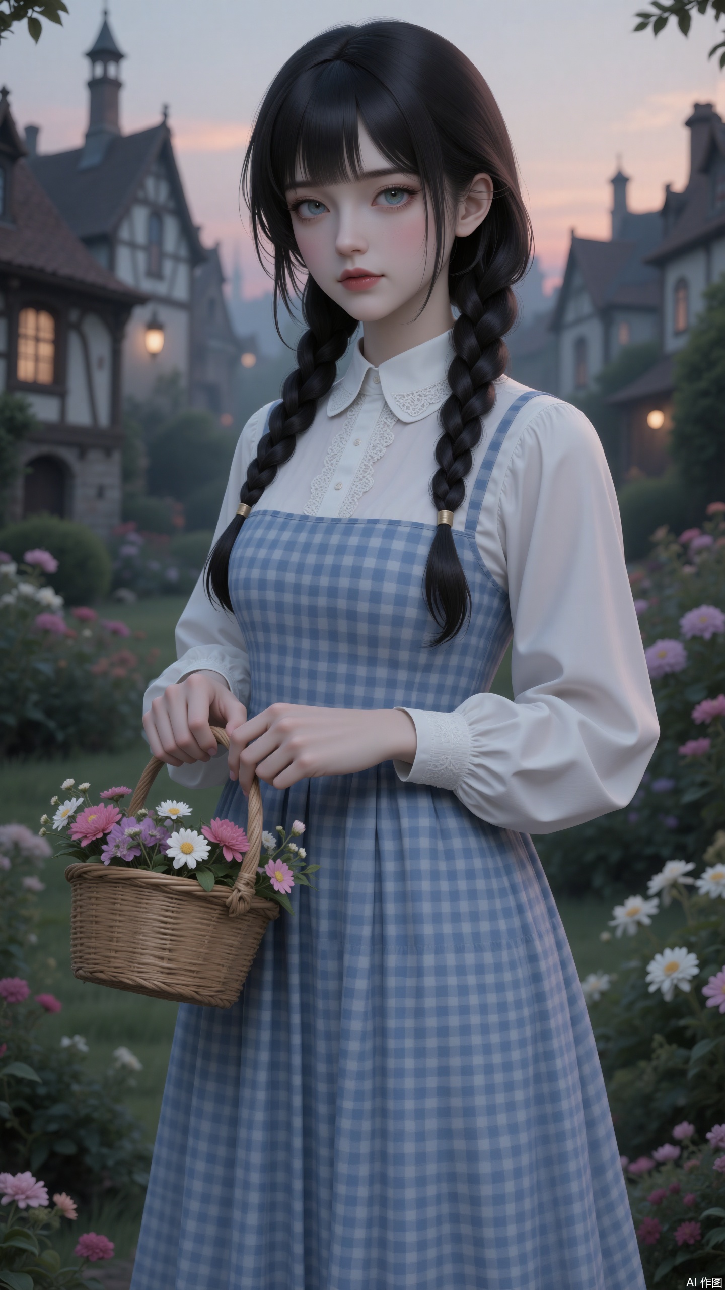 A beautiful woman. With a low-saturation color scheme, she exudes a sense of melancholy and decadence. It's a CG illustration in thick painting style, belonging to the genre of Chinese-style animation. She has dark hair styled into two thick braids. She is wearing a French-style white shirt and a blue checkered long dress. She is holding a flower basket in her hand. The background is a retro Western fantasy-style small town with a garden. It's a CG thick-painted illustration. There is a close-up of her face. She is standing in the garden at dusk. Her hair strands are delicate and shiny. In the style of CG anime thick painting, it's lifelike, extremely clear, in HD quality, and has a 3D stereoscopic effect. She has exquisite eyes with colored contact lenses, a clean face, delicate skin, and dainty hands. Her bangs and stray hairs partially cover her eyes. She is tall and has heterochromatic pupils.