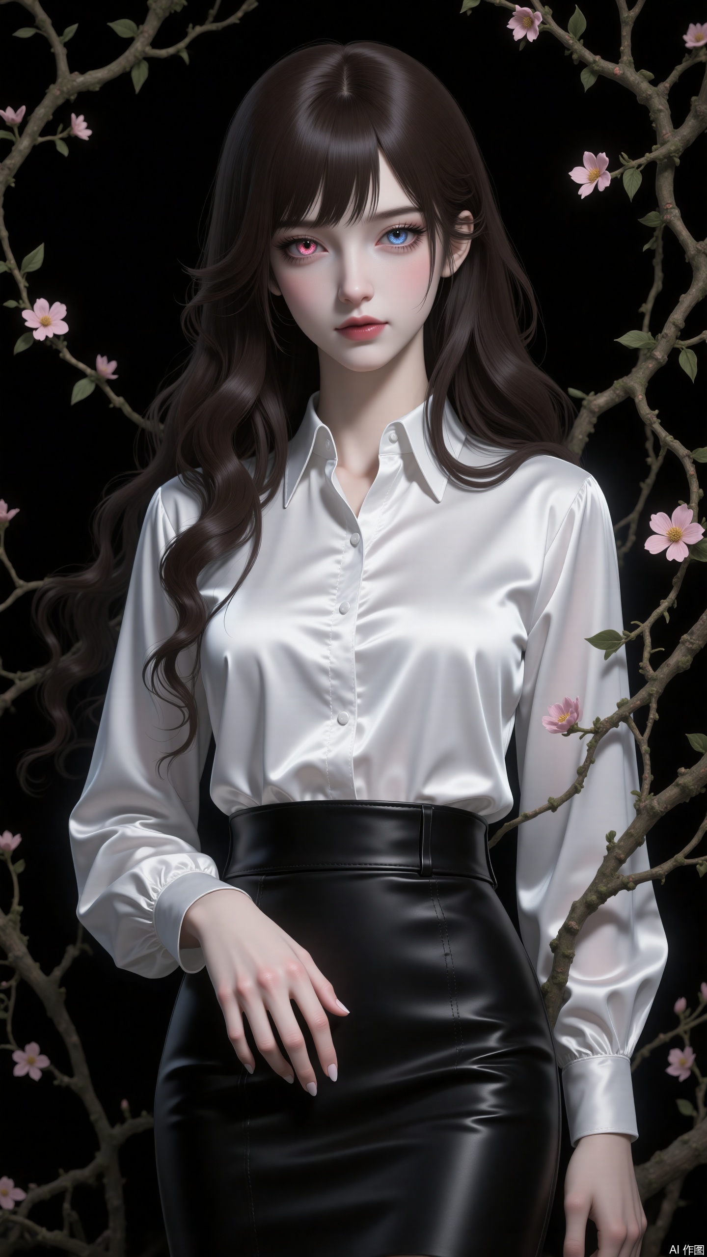 A white silk shirt, long dark brown wavy hair, a black pencil skirt. It's in the style of CG anime thick painting. The hair strands are glossy. The background is pure black. Flower branches and vines are twining. The character looks down at the camera from a superior position. It has a low-saturation color scheme, giving an air of gloom and decadence. It's a full-body portrait, in the style of CG anime thick painting, lifelike, extremely clear, in HD quality. It has a 3D stereoscopic effect. Exquisitely detailed eyes with colored contact lenses. A clean face. Delicate skin. Exquisite hands. Bangs and stray hairs covering the eyes. It has a semi-realistic style. Heterochromatic eyes.