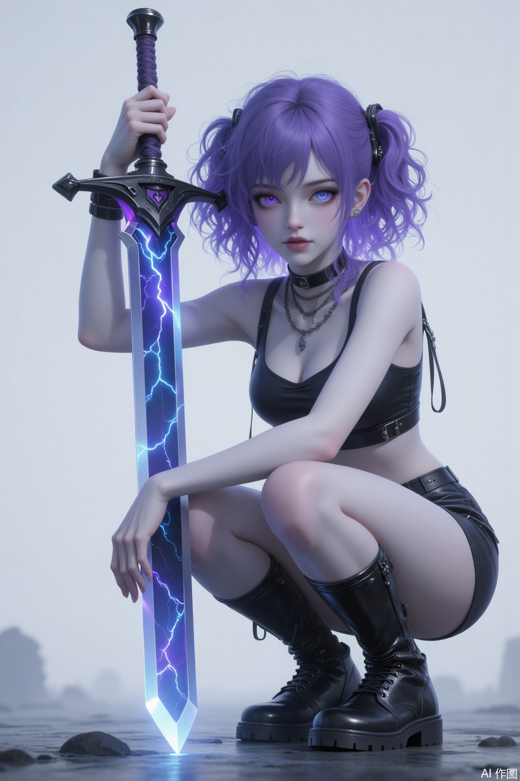 Shot from a low angle. There is a beautiful woman in thick painting style. She is squatting on the ground with one knee touching the ground. She holds a concept giant sword in one hand and inserts it into the ground. There are thunder and lightning elements on the sword. She has messy curly purple hair with bangs. Her facial features are exquisite, and her skin is fair. Her gray pupils exude a sense of coldness, and she has an icy white complexion. It is in 8K Ultra HD quality, with a 3D rendering. The semi-thick painting style highlights the texture. It combines elements of the dark and punk styles. The tone is relatively bright, and the pure color background is eye-protecting, which highlights the character as the main subject. At the same time, the character has rich details, from the hair strands to the accessories, all of which are exquisitely detailed. The overall atmosphere is mysterious and full of a rebellious spirit. The character's expression and posture are cold and unruly, conveying a strong sense of personality and rebellion. With a unique color scheme, elaborate character design, and simple background treatment, it creates a visual effect that is both mysterious and rebellious. In the style of CG anime thick painting, it is lifelike, extremely clear, in HD quality, and has a 3D stereoscopic effect. She has delicate eyes with colored contact lenses, a clean face, and dainty hands. Her bangs and stray hairs cover her eyes. It has a semi-realistic style. It shows the full body. She has long and straight legs, knee-high boots, and is tall. There is master-level lighting. She is wearing designed shorts.