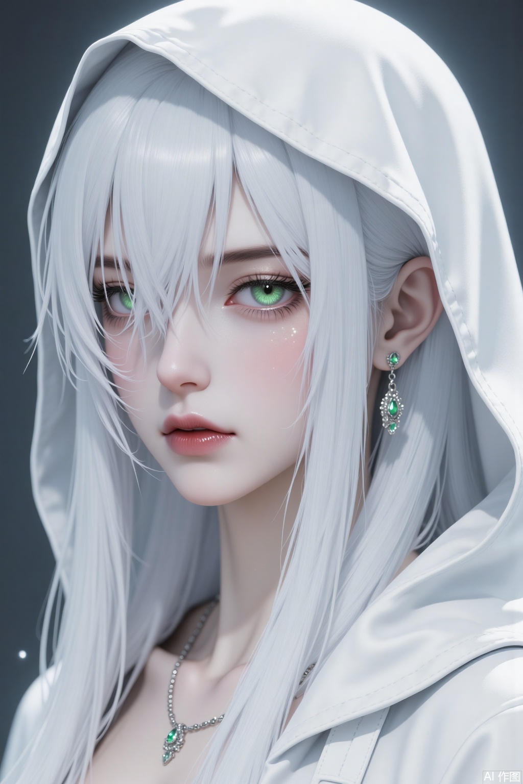A woman with long white hair. Strands of broken hair cover her eyes. She has green pupils and is wearing a white hooded coat with a hood. It's a close-up of her face. Her facial features are exquisite. Although described as a "handsome guy" (it seems there might be a mix-up here as the previous description is of a woman, assuming it should still be about a woman with a handsome appearance), she has delicate makeup. The outer corners of her eyes are slender, and she has long eyelashes. She is wearing earrings and a necklace. She exudes a cold and aloof air, is charming, has a somewhat roguish and handsome look, and is really cool. In an anime style, with a CG texture, thickly painted, ultra-high definition, a masterpiece, in 8K quality. It's lifelike with detailed features.