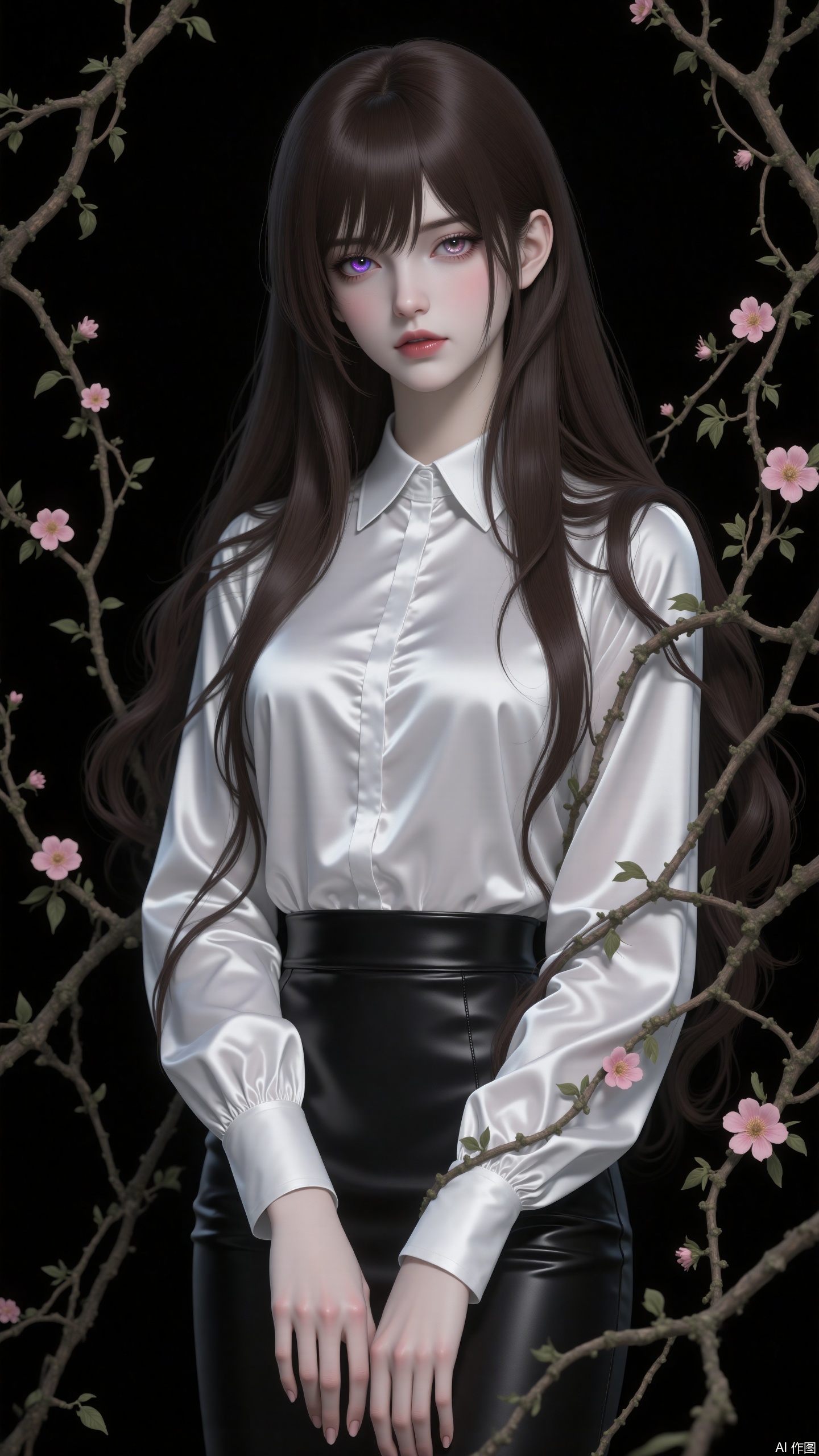 A white silk shirt, long dark brown wavy hair, a black pencil skirt. It's in the style of CG anime thick painting. The hair strands are glossy. The background is pure black. Flower branches and vines are twining. The character looks down at the camera from a superior position. It has a low-saturation color scheme, giving an air of gloom and decadence. It's a full-body portrait, in the style of CG anime thick painting, lifelike, extremely clear, in HD quality. It has a 3D stereoscopic effect. Exquisitely detailed eyes with colored contact lenses. A clean face. Delicate skin. Exquisite hands. Bangs and stray hairs covering the eyes. It has a semi-realistic style. Heterochromatic eyes.