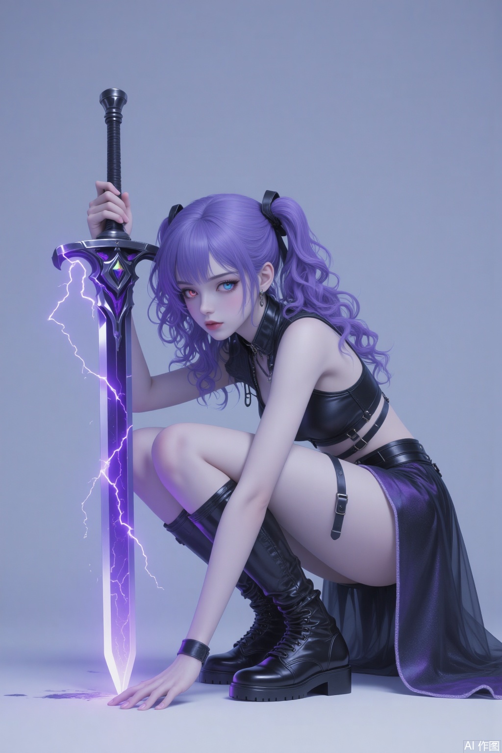 Shot from a low angle. There is a beautiful woman in thick painting style. She is squatting on the ground with one knee touching the ground. She holds a concept giant sword in one hand and inserts it into the ground. There are thunder and lightning elements on the sword. She has messy curly purple hair with bangs. Her facial features are exquisite, and her skin is fair. Her gray pupils exude a sense of coldness, and she has an icy white complexion. It is in 8K Ultra HD quality, with a 3D rendering. The semi-thick painting style highlights the texture. It combines elements of the dark and punk styles. The tone is relatively bright, and the pure color background is eye-protecting, which highlights the character as the main subject. At the same time, the character has rich details, from the hair strands to the accessories, all of which are exquisitely detailed. The overall atmosphere is mysterious and full of a rebellious spirit. The character's expression and posture are cold and unruly, conveying a strong sense of personality and rebellion. With a unique color scheme, elaborate character design, and simple background treatment, it creates a visual effect that is both mysterious and rebellious. In the style of CG anime thick painting, it is lifelike, extremely clear, in HD quality, and has a 3D stereoscopic effect. She has delicate eyes with colored contact lenses, a clean face, and dainty hands. Her bangs and stray hairs cover her eyes. It has a semi-realistic style. It shows the full body. She has long and straight legs, knee-high boots, and is tall. There is master-level lighting. She is wearing designed shorts.