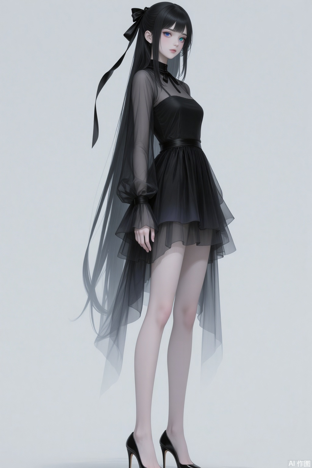 A tall woman in a full-body portrait. She has slender and straight legs, which are clean. Her hair is black. She is wearing an idol-style gauze dress, specifically a black gradient gauze dress with a sense of layering. She is standing, wearing high-heeled shoes. Her eyes are black. There is a black ribbon in her hair, which hangs down. Her hairstyle is cut in layers. The inner layer is straight hair that reaches past the shoulders and hangs down smoothly, while the outer layer is short hair reaching the ears, forming a fluffy arc that wraps around the inner layer. The ends of the hair retain the overall sense of hanging down of long hair. The inner and outer layers form a three-dimensional contour through the height difference of the layers. Against a solid-color background, she has beautiful tear troughs, colored contact lenses, and her fingers are delicate. There is soft lighting, and the picture has a slight shimmer. It conveys a certain consciousness, and the picture seems to be glowing. It is a CG illustration, exuding a sense of mystery and coldness. It is of high quality, with high definition and a clear picture. She has heterochromatic pupils.
