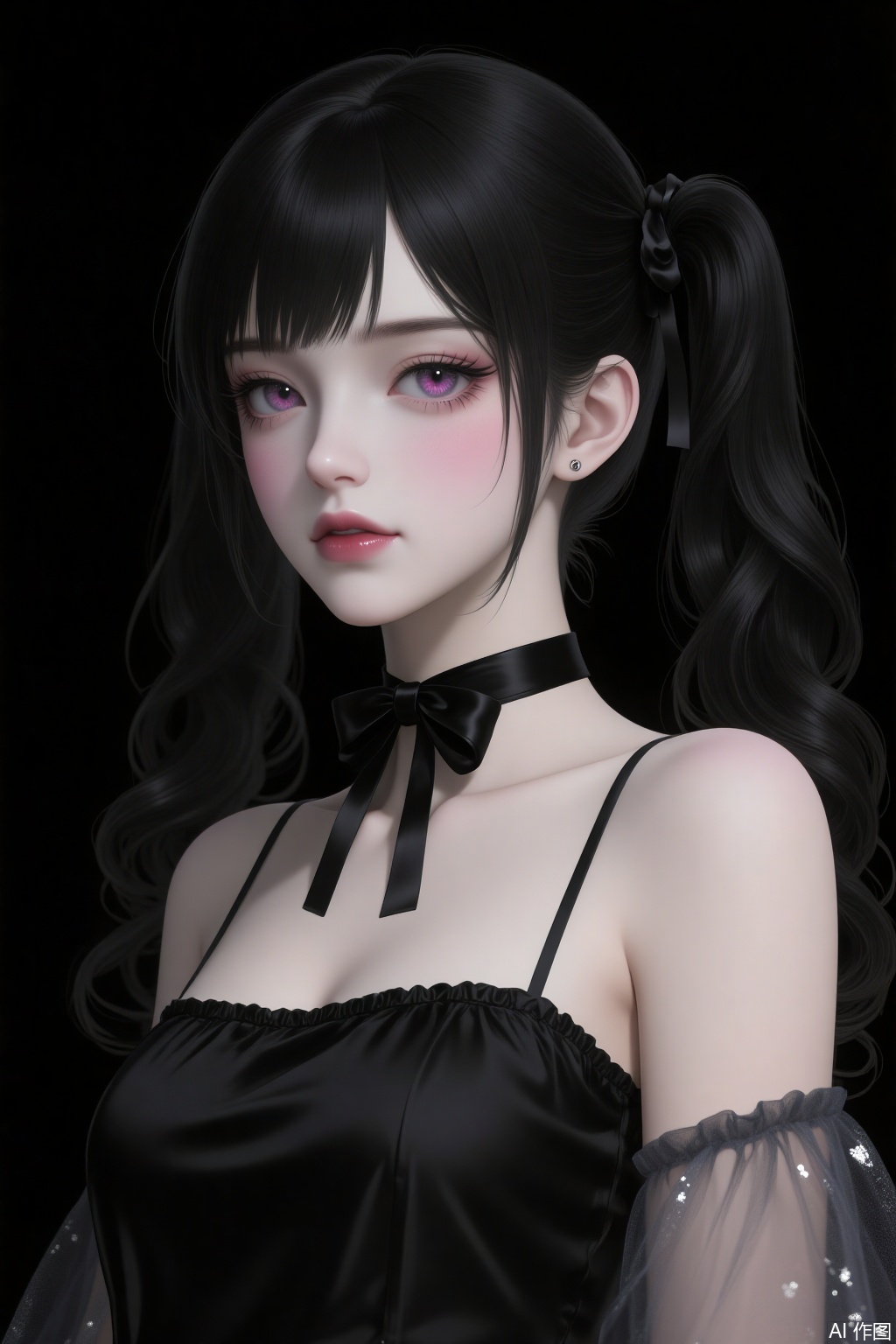 - Physical features of the character: A young woman with long black pigtails, naturally curled hair ends, straight - across bangs, two - toned contact lenses, exquisite eye makeup with pink eyeshadow and long eyelashes, slightly blushed cheeks, and delicate pink lips.
- Clothing style: A black spaghetti - strap dress. The upper part is made of satin, with a form - fitting design to highlight the figure. The skirt is made of tulle, light and fluffy. A black ribbon bow choker is worn around the neck.
- Art style: Anime style, high - definition, realistic rendering, delicate light and shadow effects. The black background emphasizes the main character, creating an elegant and mysterious atmosphere.