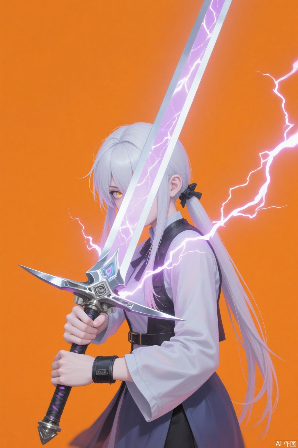 1 girl with long white hair. Two-color pupils. The sword in his hand, the glowing sword, with lightning attached to it. Fighting pose, pure orange background.