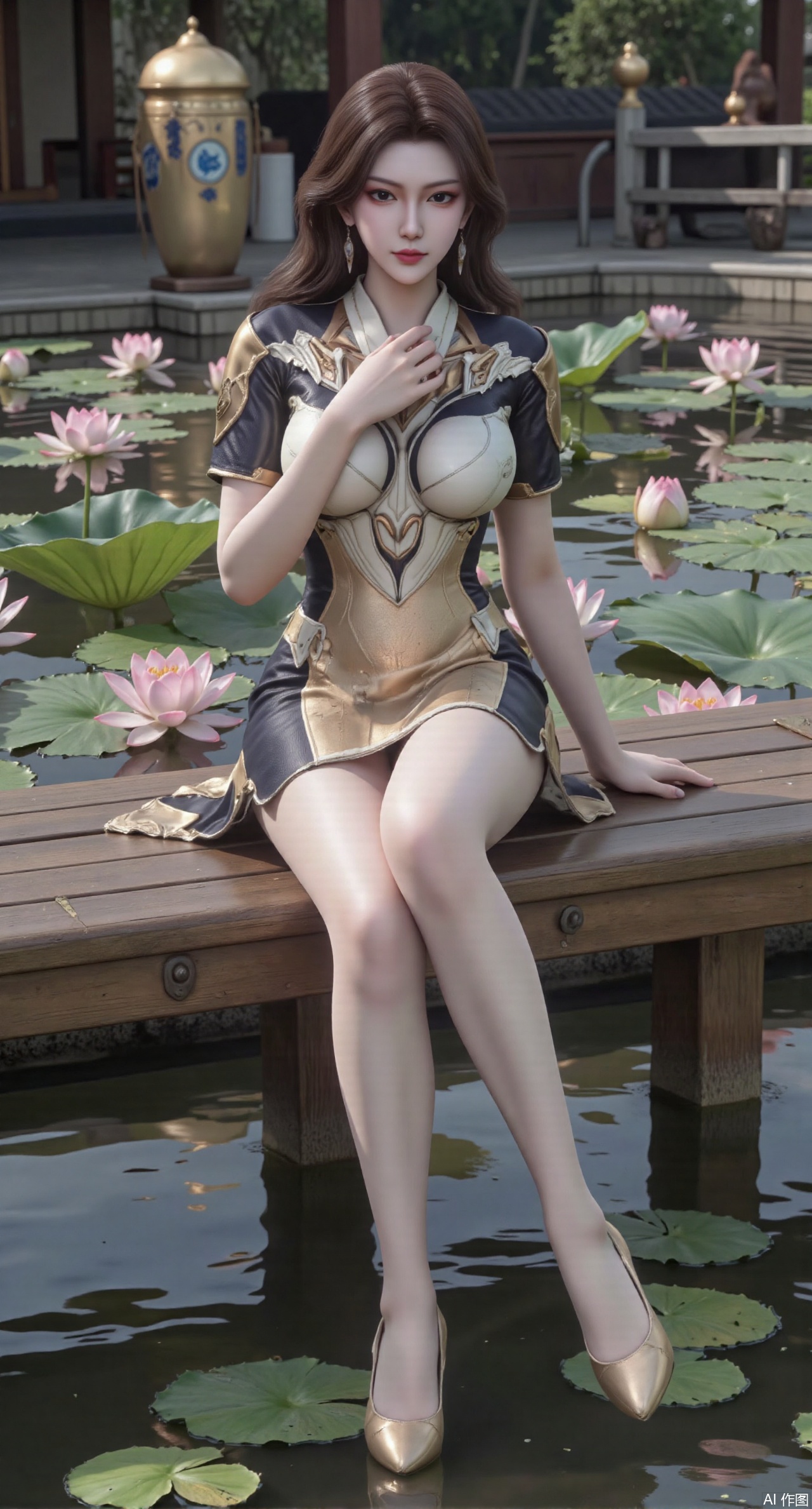 SFW,(masterpiece:1.2),best quality,The image is a digital illustration of a young woman sitting on a wooden bench in a pond with lily pads. She is wearing a long dress with design on the chest and sleeves. The dress has a high neckline and short sleeves,Holding a lotus in hand. She has long dark hair styled in loose waves and is wearing gold high heels. The woman is posing with one hand on her hip and the other resting on the edge of the bench. The background is filled with pink and white lotus flowers and green leaves. The overall mood of the image is peaceful and serene,(huge breasts:2.99),(full breasts:2.99),(Background with traditional Chinese architecture, lotus pond and pink lotus flowers:1.39),,Xanmiaoyi,Xyunwangshu,XlishaoyinY,Xbaixue,XanmiaoyiY,Xxiuqiuhua,XbaiyuerongY,XyunyunX,XqingnvzongZM,Xjuzi,Xshangguanweier,XanmiaoyiXY,XyunyunXY,Xjiangziyue,Xmeining,Xweinina