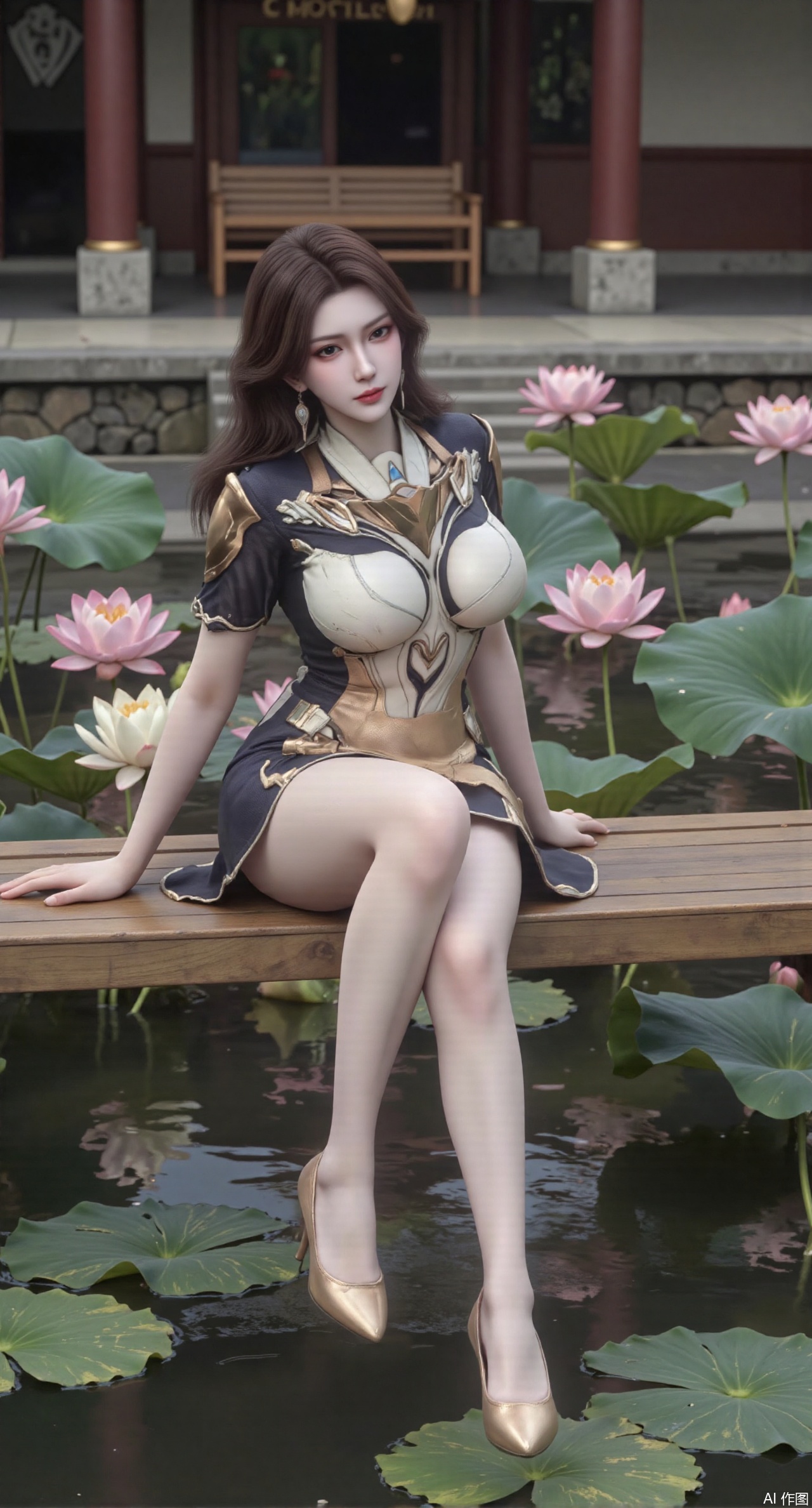 SFW,(masterpiece:1.2),best quality,The image is a digital illustration of a young woman sitting on a wooden bench in a pond with lily pads. She is wearing a long dress with design on the chest and sleeves. The dress has a high neckline and short sleeves,Holding a lotus in hand. She has long dark hair styled in loose waves and is wearing gold high heels. The woman is posing with one hand on her hip and the other resting on the edge of the bench. The background is filled with pink and white lotus flowers and green leaves. The overall mood of the image is peaceful and serene,(huge breasts:2.99),(full breasts:2.99),(Background with traditional Chinese architecture, lotus pond and pink lotus flowers:1.39),,Xanmiaoyi,Xyunwangshu,XlishaoyinY,Xbaixue,XanmiaoyiY,Xxiuqiuhua,XbaiyuerongY,XyunyunX,XqingnvzongZM,Xjuzi,Xshangguanweier,XanmiaoyiXY,XyunyunXY,Xjiangziyue,Xmeining,Xweinina