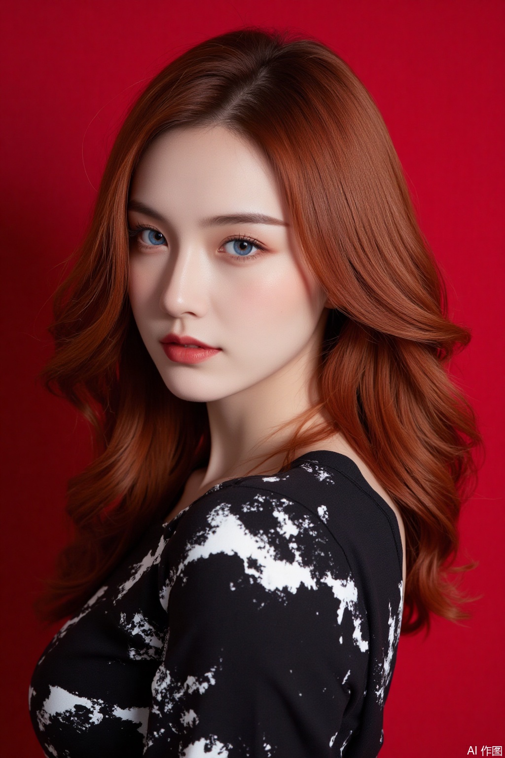 a close-up shot of a woman's face is adorned with a black dress adorned with white splashes. The woman's eyes are a deep blue, her hair cascades over her shoulders, adding a pop of color to the scene. The backdrop, a vibrant red, adds a touch of contrast to the image.