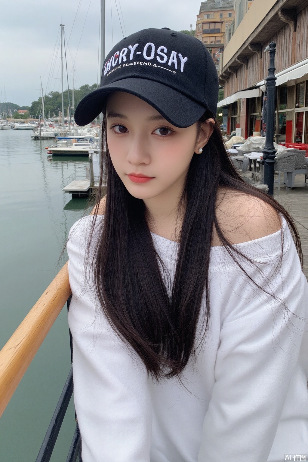 charming legs,chest,Neighbor girl,This is a high-resolution photograph of a young East Asian woman with long,straight black hair,wearing a black baseball cap with white text on it. She is winking her right eye and has a neutral expression on her face,with slightly pursed lips. She is dressed in a white,loose-fitting long-sleeve shirt,and her skin is fair with a slight pink undertone. She is wearing small,subtle earrings.,
In the background,there is a waterfront setting with a marina visible,showcasing several sailboats moored at the docks. The water is a mix of green and blue,reflecting the sky,which appears to be overcast. The background also includes a wooden railing and what appears to be a restaurant or café with outdoor seating,indicated by the presence of tables and chairs. The overall mood of the image is casual and relaxed,with a natural,candid feel. The lighting is soft and diffused,likely taken during the day,and the colors are vivid and true to life.,