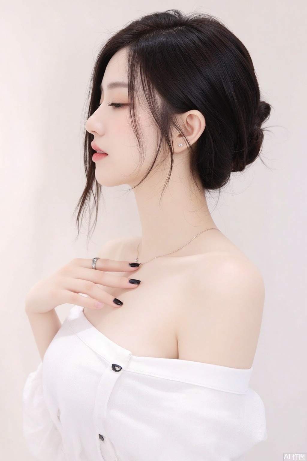 1girl, solo, breasts, simple background, shirt, black hair, bare shoulders, jewelry, closed eyes, white shirt, earrings, parted lips, off shoulder, hair bun, nail polish, lips, profile, single hair bun, black nails, realistic