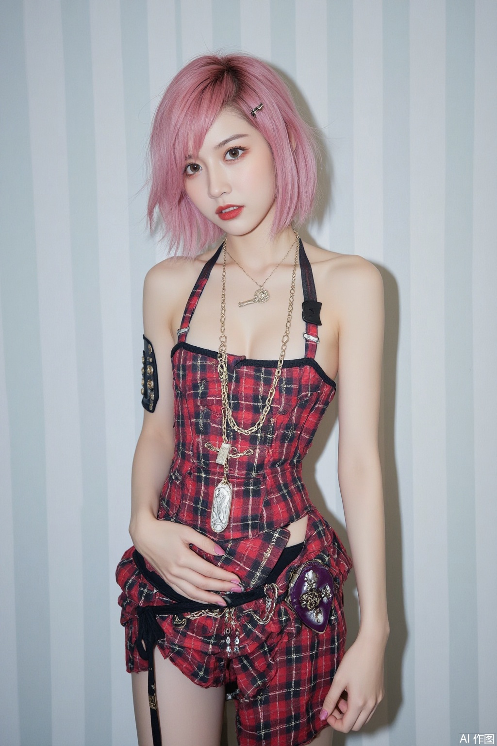 bright analog film style,F1CNYeeMM,sheyin,girl,bright analog film style,In a bright analog film style,The image displays a young woman with a striking appearance,captured in a vertical format. Her hair is a soft pink tone with a messy,wavy bob style that frames her face,accentuated with a couple of silver barrettes. She wears an eye-catching ensemble featuring a tartan corset top paired with a matching low-rise skirt accessorized with chains and pendants,including a key and other varied charms. Her expression is contemplative and somewhat introspective,with large,clear eyes and light makeup that emphasizes her natural features. The background is minimalist,a subdued white with faint vertical stripes,which ensures that the focus remains firmly on her. Her pose is casual yet composed,with one hand lightly touching her waist,enhancing the relaxed yet styled theme of the photograph.,