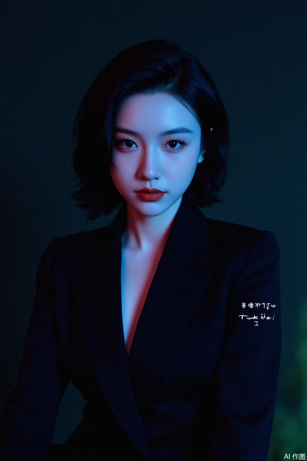 bright analog film style,F1CNYeeMM,sheyin,girl,In a bright analog film style with clear details and a vaporwave aesthetic,the image features an East Asian woman with short,edgy black hair and a piercing gaze,exuding toughness and resilience. Her chic and sophisticated style is highlighted by a tailored dress and a structured blazer,creating a striking contrast against the velvety darkness that envelops the background. The surreal quality of the scene is enhanced by the word "Tower" written in a stylized,white,chalk-like font in the bottom right corner.,