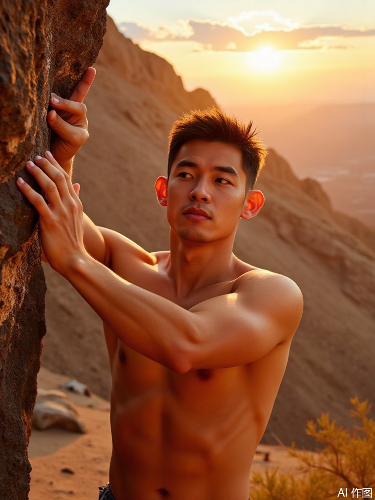 IPBD. Photograph of a shirtless Asian rock climber gripping volcanic holds, chalk dust swirling around his flexed deltoids. His sweat-slicked torso reveals striated obliques under desert sunset. Dynamic lighting captures every tendon ripple across his tension-filled forearms.

