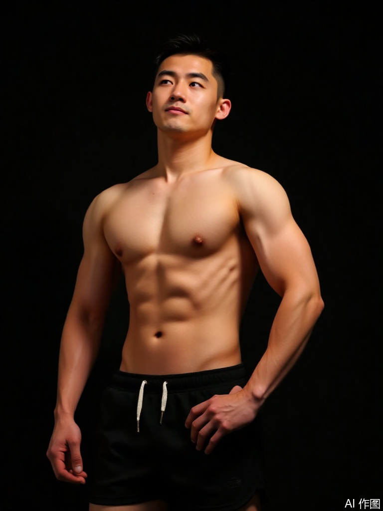 IPBD. Photograph of a muscular, shirtless Asian man with short black hair, standing against a dark background. He has a defined, chiseled physique with visible abs, pectorals, and biceps. He wears black athletic shorts with white drawstrings. The lighting highlights his well-defined muscles, casting shadows that accentuate his toned body. 