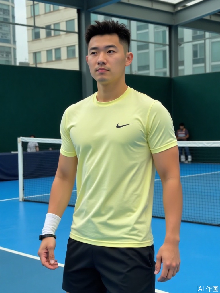 HIRO,Photograph of a young,fit man with short dark hair,wearing a light yellow Nike t-shirt,black shorts,and white socks,standing on a blue tennis court.  Background shows a large glass-enclosed court with urban skyline visible through the windows.,