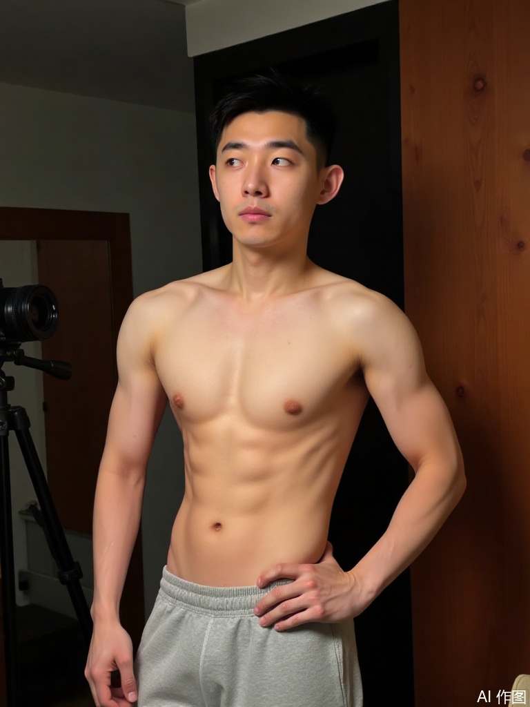 IPBD.  Photograph of a shirtless Asian man with short black hair, light skin, and a toned physique, wearing light gray sweatpants. He stands in a dimly lit room with a wooden door and a wall-mounted mirror. A tripod with a camera is visible on the left.
