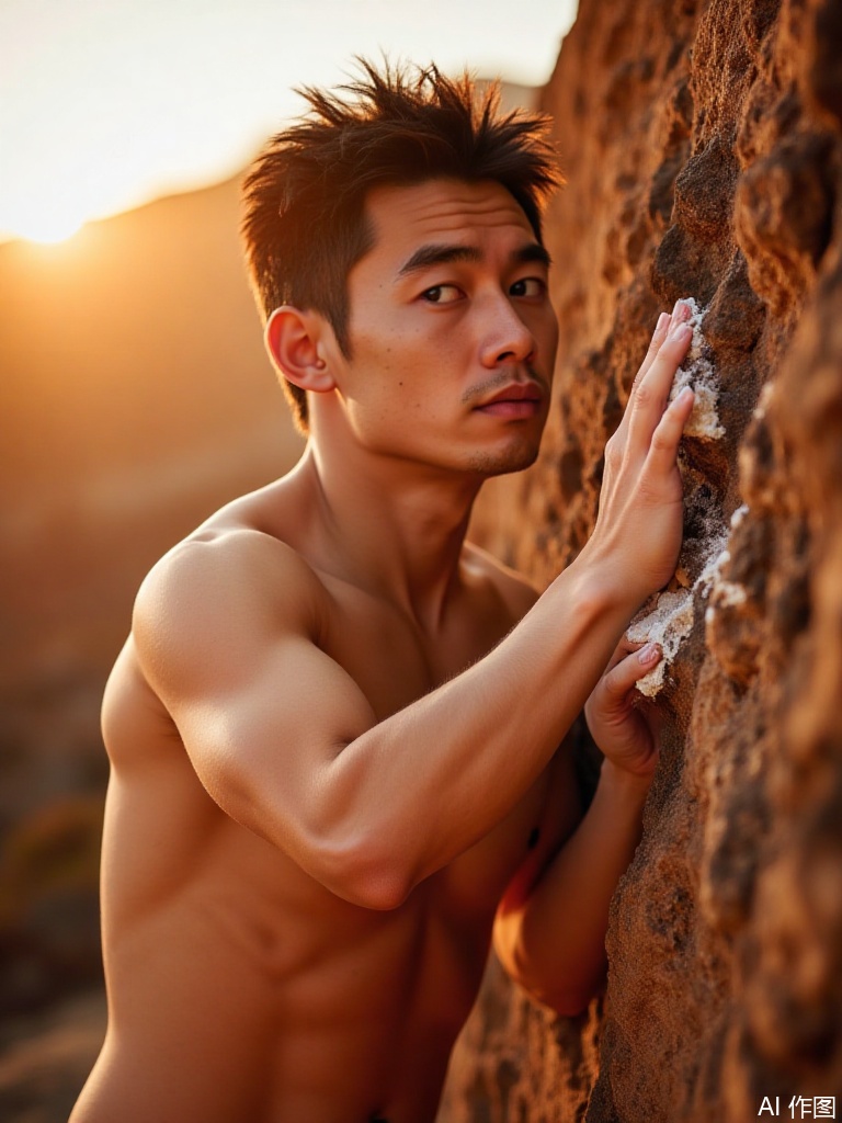 IPBD. Photograph of a shirtless Asian rock climber gripping volcanic holds, chalk dust swirling around his flexed deltoids. His sweat-slicked torso reveals striated obliques under desert sunset. Dynamic lighting captures every tendon ripple across his tension-filled forearms.

