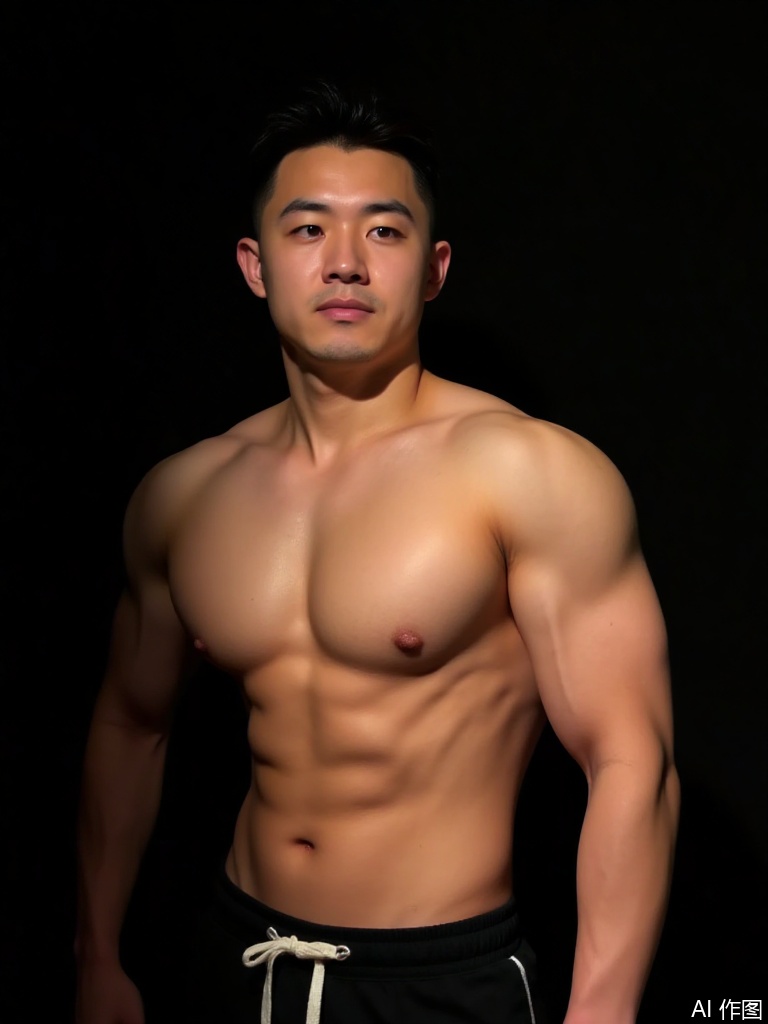IPBD. Photograph of a muscular, shirtless Asian man with short black hair, standing against a dark background. He has a defined, chiseled physique with visible abs, pectorals, and biceps. He wears black athletic shorts with white drawstrings. The lighting highlights his well-defined muscles, casting shadows that accentuate his toned body. 