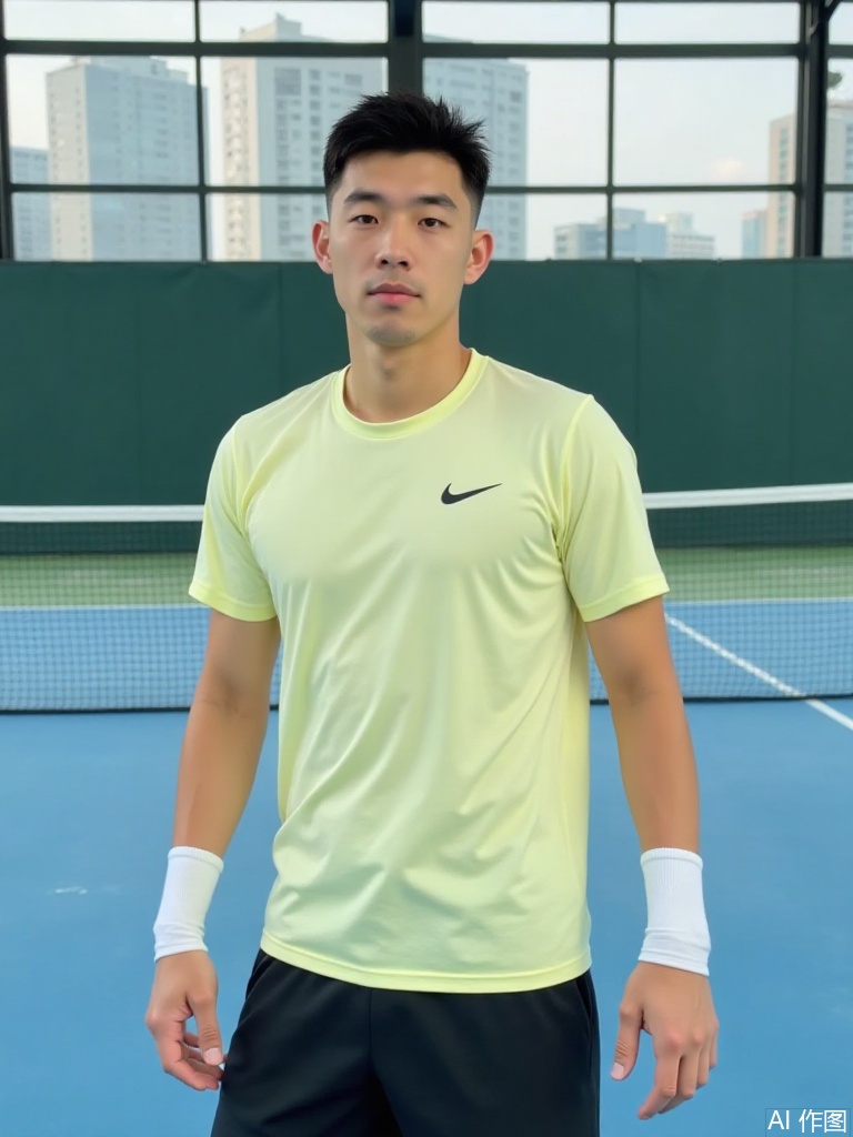 HIRO,Photograph of a young,fit man with short dark hair,wearing a light yellow Nike t-shirt,black shorts,and white socks,standing on a blue tennis court.  Background shows a large glass-enclosed court with urban skyline visible through the windows.,