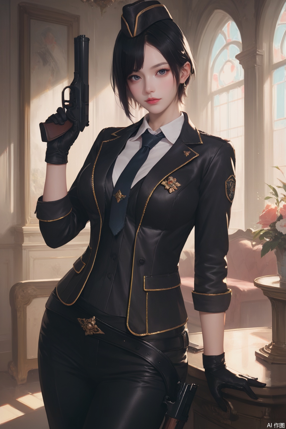 score_9, score_8_up, score_7_up,CG,
1girl, solo, looking at viewer, short hair, black hair, gloves, hat, jacket, weapon, necktie, pants, gun, formal, handgun, indoors,