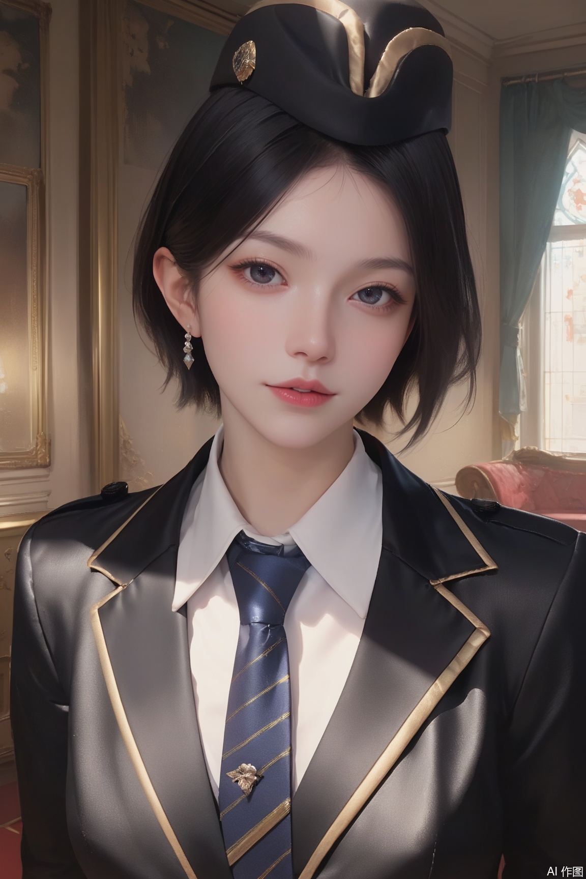 score_9, score_8_up, score_7_up,CG,
1girl, solo, looking at viewer, short hair, black hair, gloves, hat, jacket, necktie, dress, formal, indoors,